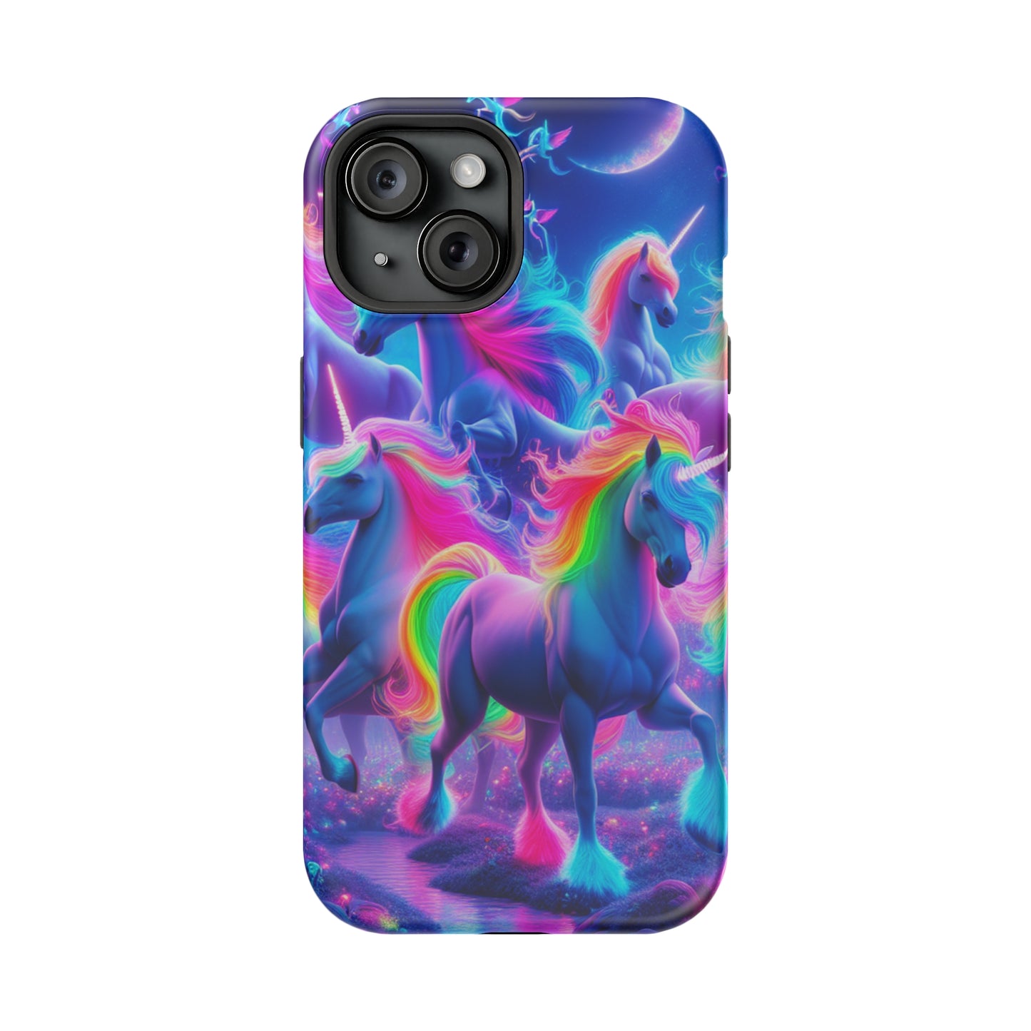 "Unicorn Prism" Neon Unicorns Premium Art Magsafe Magnet Tough IPhone 13 14 15 Pro Plus Max and Mini in Matte and Glossy Phone cases
