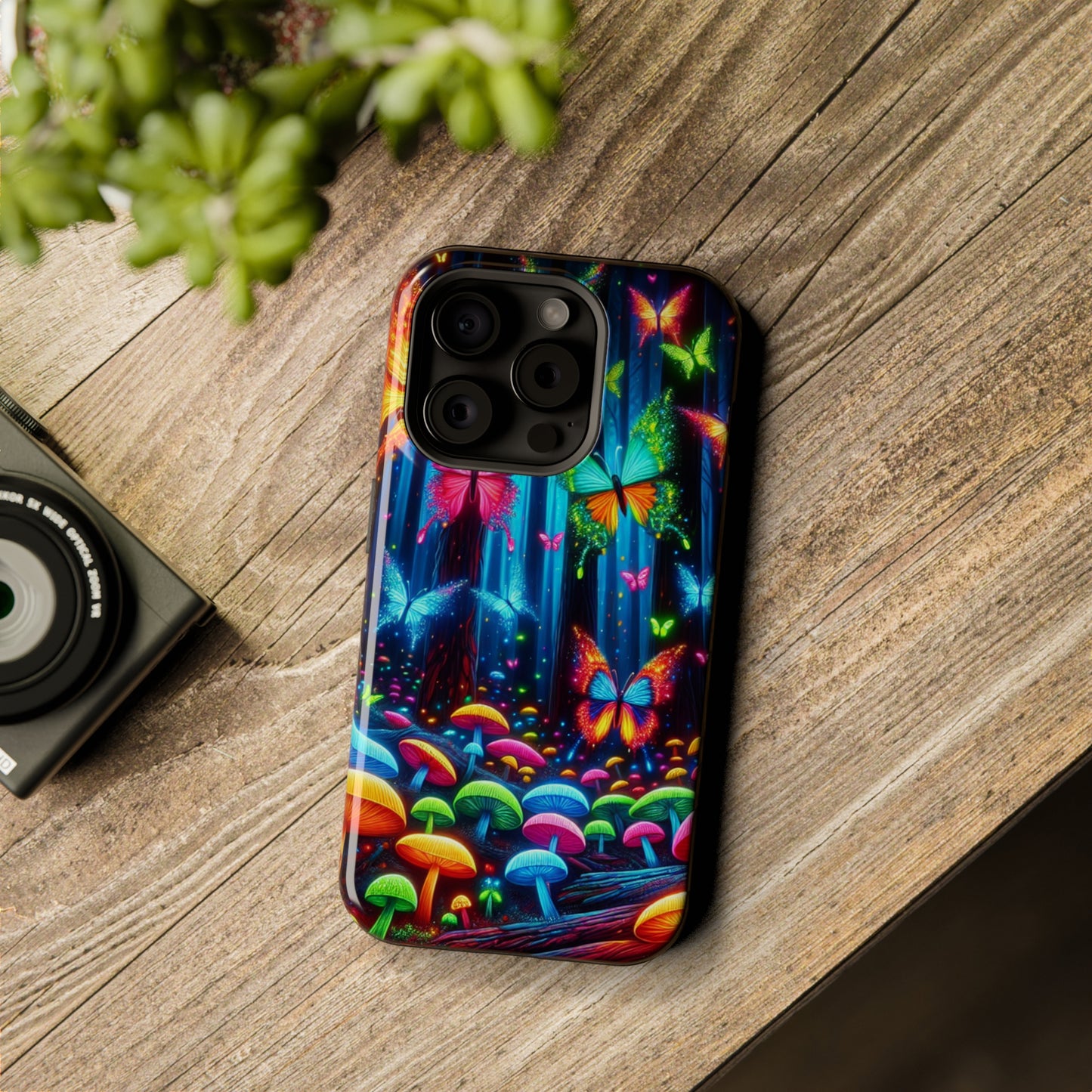 Neon Fantasia. Neon Butterflies and Mushrooms Premium Art Magsafe Magnet Tough IPhone 13 14 15 Pro Plus Max and Mini in Matte and Glossy Phone cases