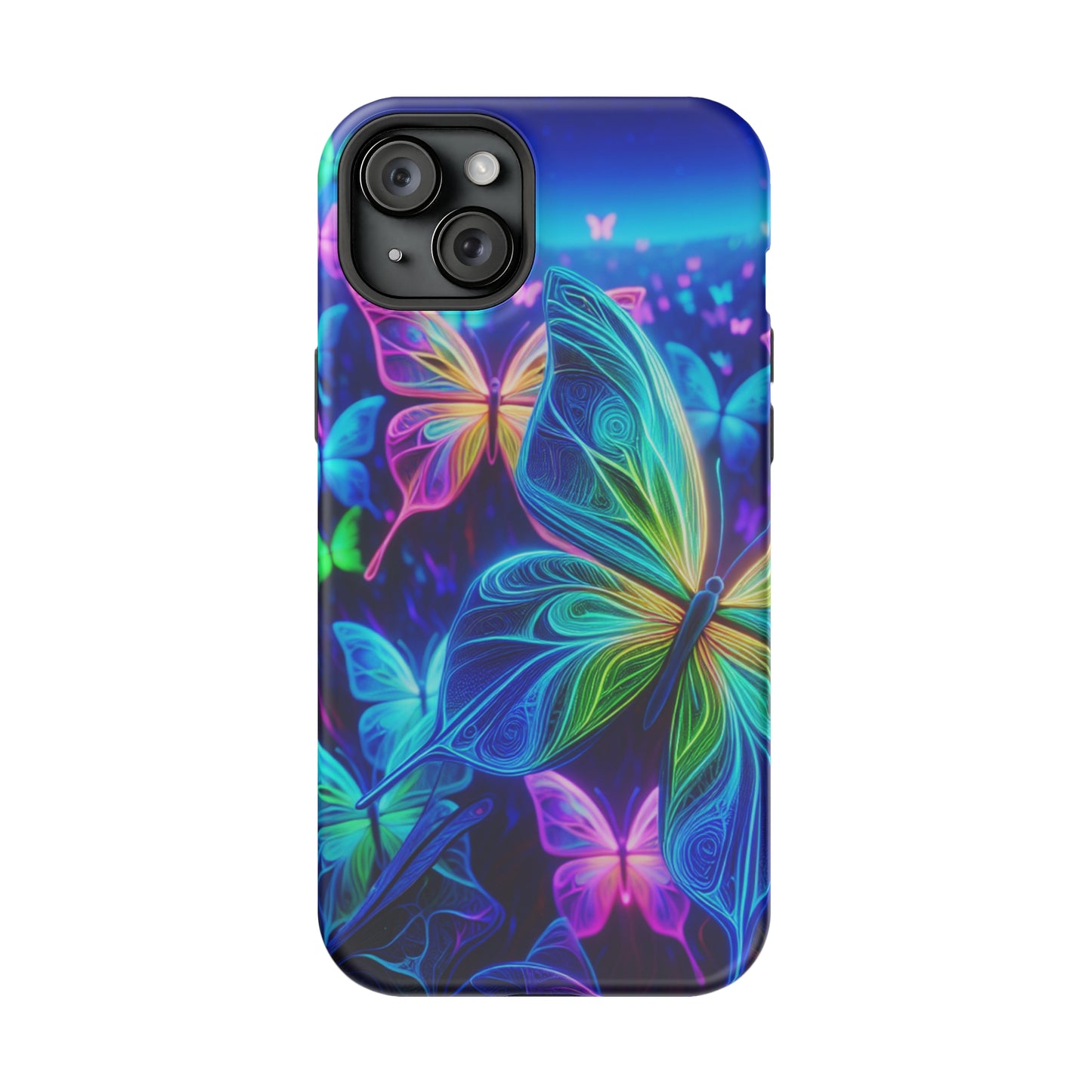 'Serene Spectacle of Neon Butterflies' Neon Butterflies Premium Art Magsafe Magnet Tough IPhone 13 14 15 Pro Plus Max and Mini in Matte and Glossy Phone cases