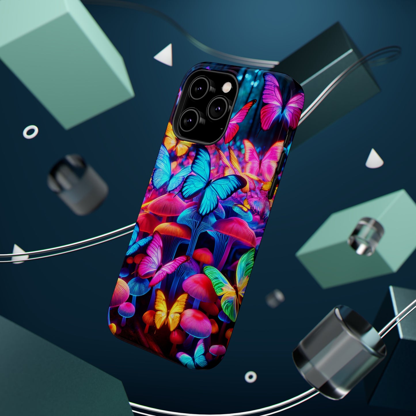 "Neon Tie-Dye Garden" Neon Butterflies and Mushrooms Premium Art Magsafe Magnet Tough IPhone 13 14 15 Pro Plus Max and Mini in Matte and Glossy Phone cases