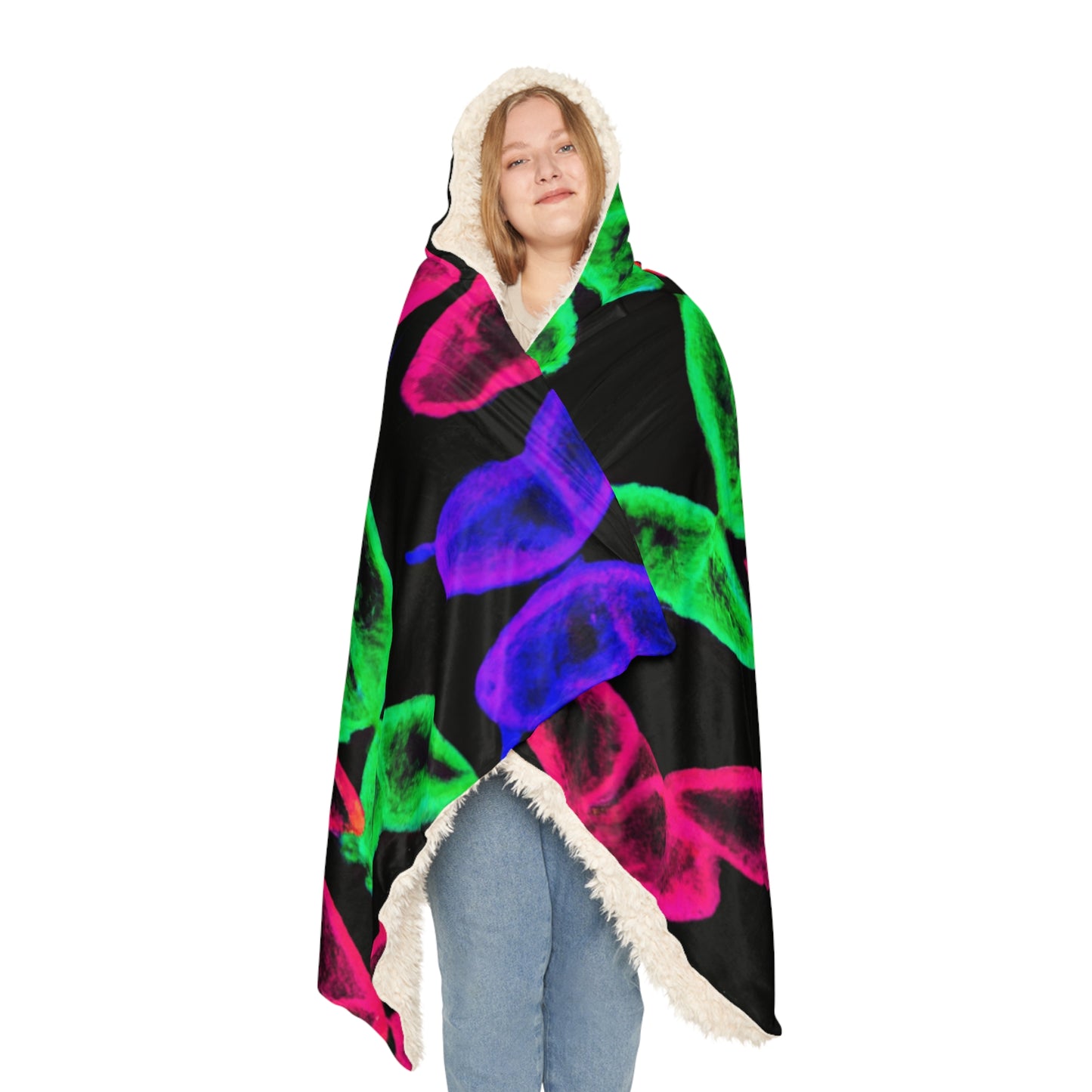 "Vivid Nebula of Butterflies" - NEON Butterflies Art Hooded Snuggle Blanket