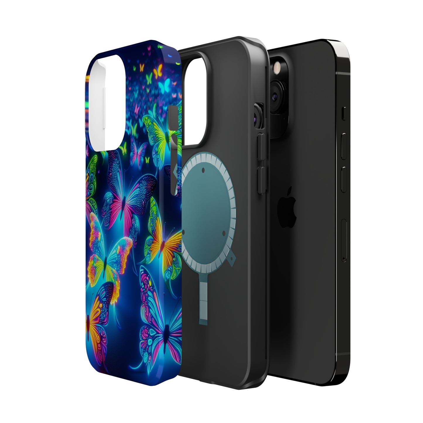 "Atmospheric Fluorescence" Neon Butterflies Premium Art Magsafe Magnet Tough IPhone 13 14 15 Pro Plus Max and Mini in Matte and Glossy Phone cases