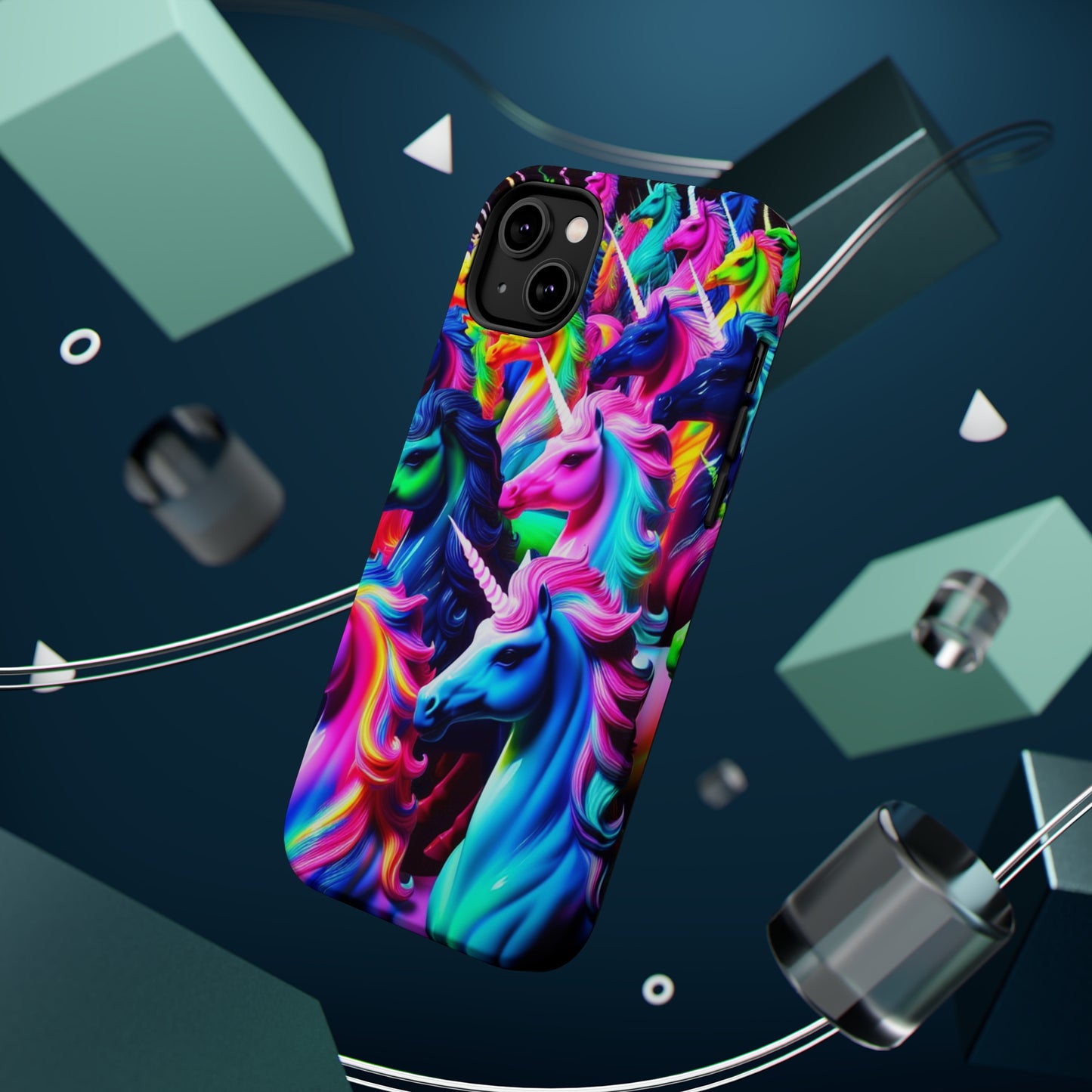 "Neon Illumination" Neon Unicorns Premium Art Magsafe Magnet Tough IPhone 13 14 15 Pro Plus Max and Mini in Matte and Glossy Phone cases