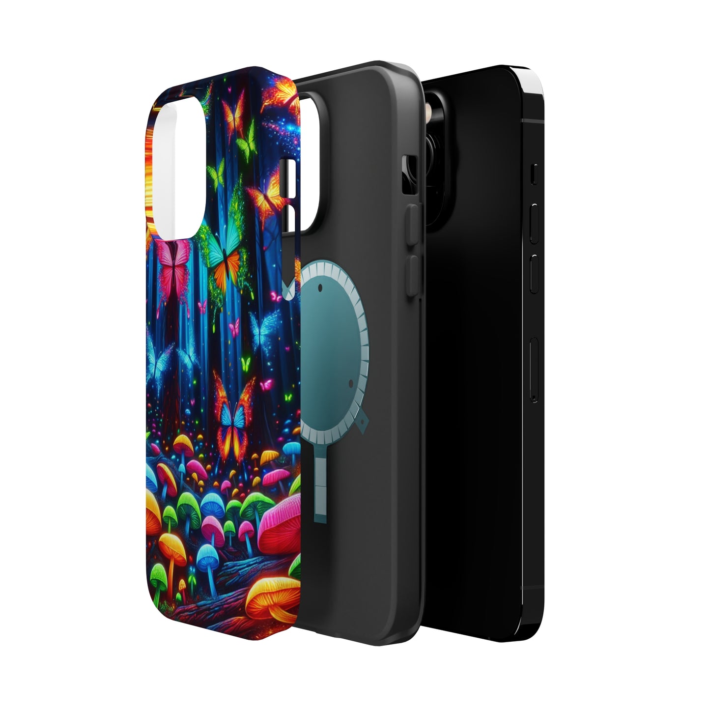 Neon Fantasia. Neon Butterflies and Mushrooms Premium Art Magsafe Magnet Tough IPhone 13 14 15 Pro Plus Max and Mini in Matte and Glossy Phone cases