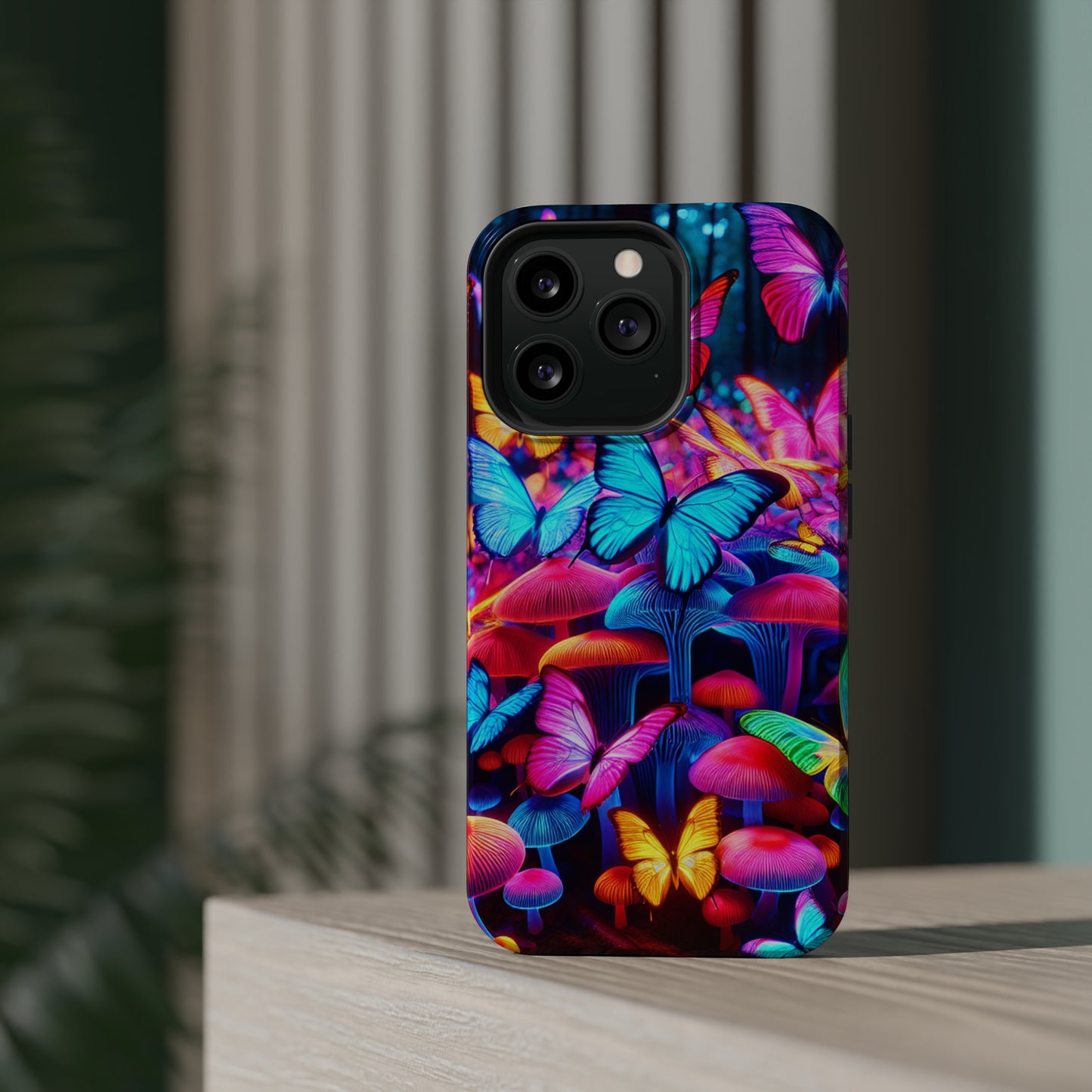 "Neon Tie-Dye Garden" Neon Butterflies and Mushrooms Premium Art Magsafe Magnet Tough IPhone 13 14 15 Pro Plus Max and Mini in Matte and Glossy Phone cases
