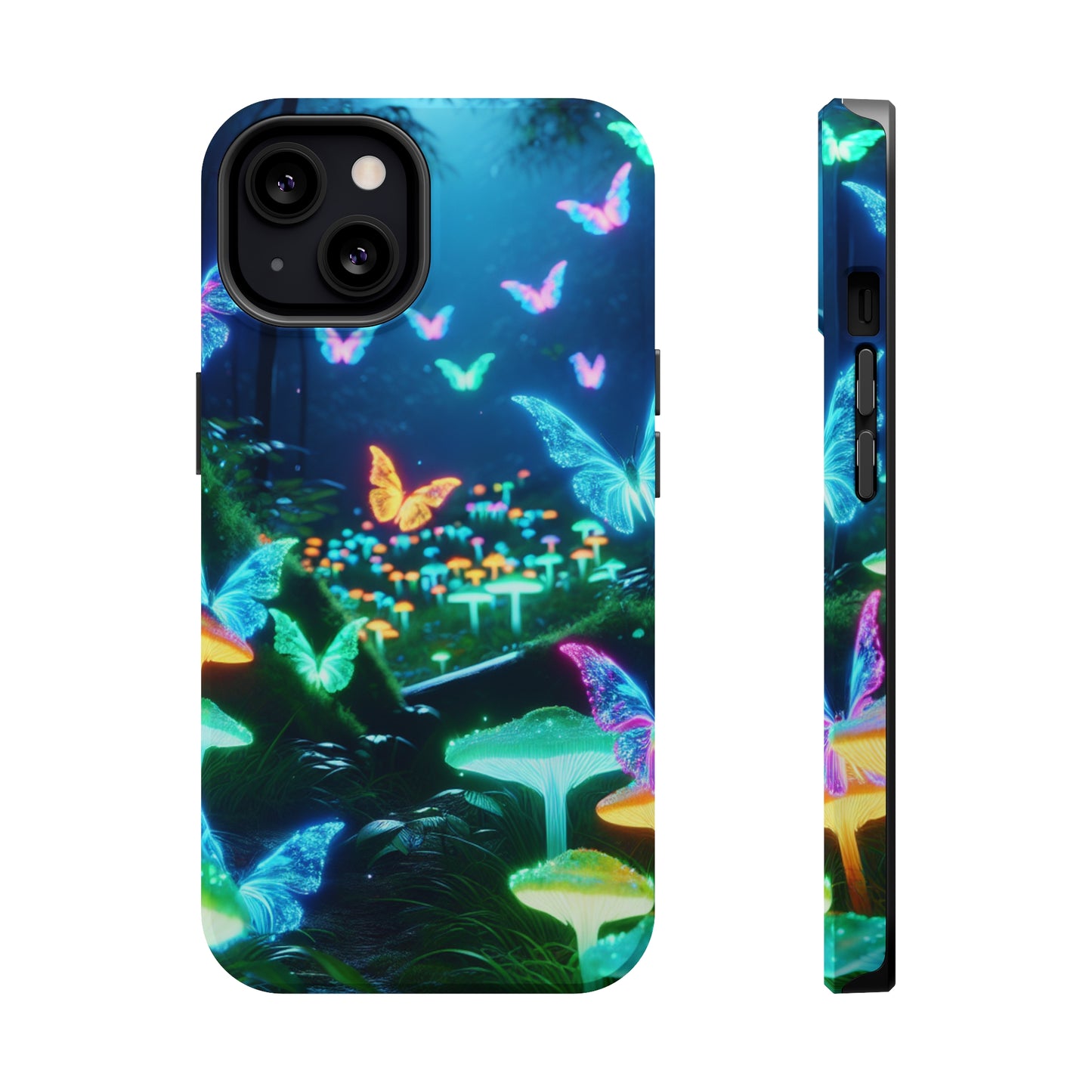 "Neon Meadow" Neon Butterflies and Mushrooms Premium Art Magsafe Magnet Tough IPhone 13 14 15 Pro Plus Max and Mini in Matte and Glossy Phone cases
