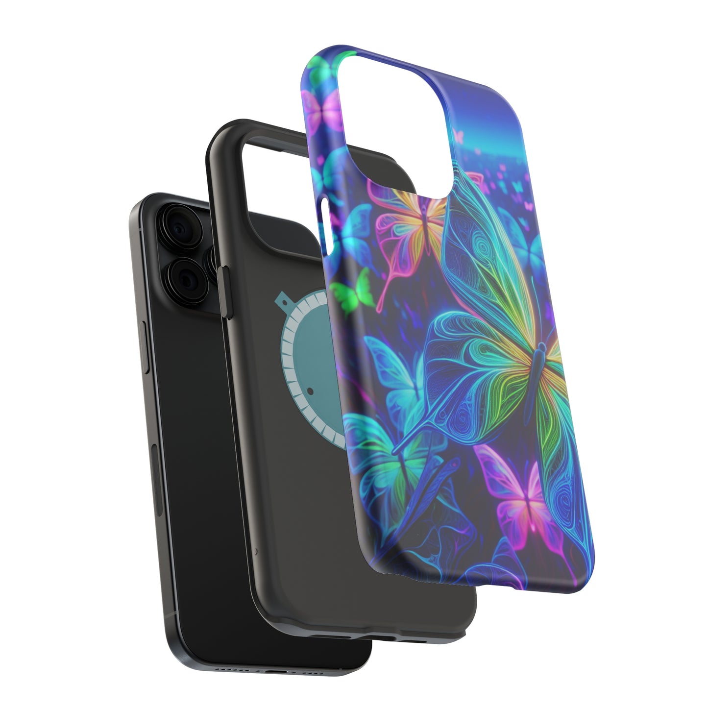 'Serene Spectacle of Neon Butterflies' Neon Butterflies Premium Art Magsafe Magnet Tough IPhone 13 14 15 Pro Plus Max and Mini in Matte and Glossy Phone cases