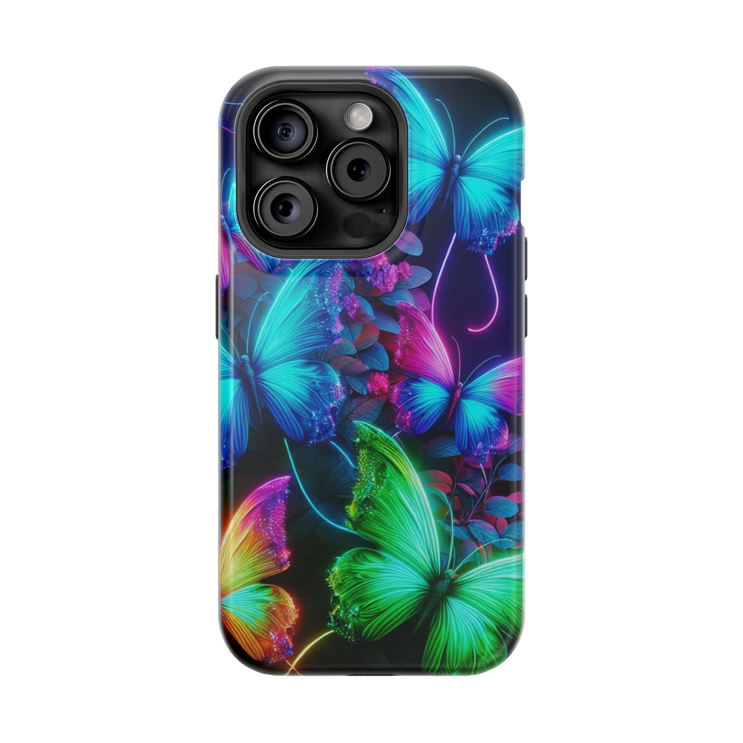 Neon Flutter Symphony Neon Butterflies Premium Art Magsafe Magnet Tough IPhone 13 14 15 Pro Plus Max and Mini in Matte and Glossy Phone cases