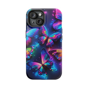 "Neon Butterfly Muster" Neon Butterflies Premium Art Magsafe Magnet Tough IPhone 13 14 15 Pro Plus Max and Mini in Matte and Glossy Phone cases