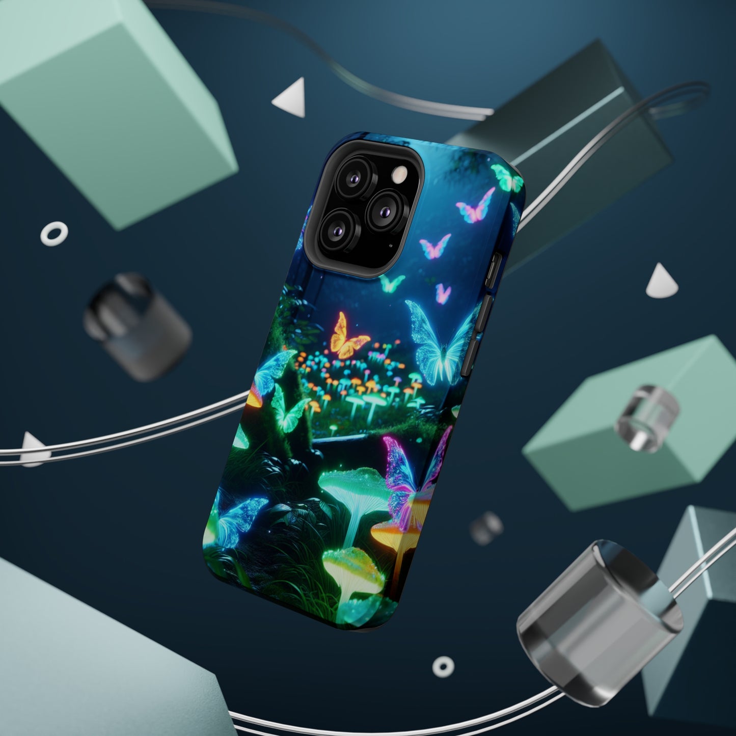 "Neon Meadow" Neon Butterflies and Mushrooms Premium Art Magsafe Magnet Tough IPhone 13 14 15 Pro Plus Max and Mini in Matte and Glossy Phone cases