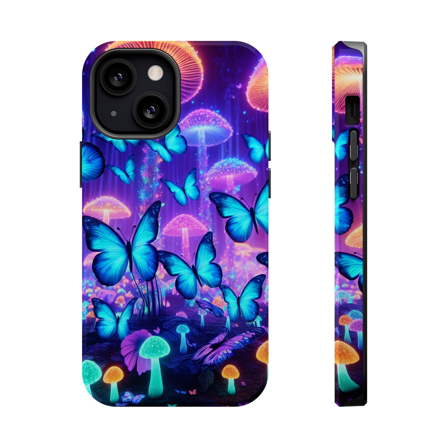 Neon Delight Landscape Neon Butterflies and Mushrooms Premium Art Magsafe Magnet Tough IPhone 13 14 15 Pro Plus Max and Mini in Matte and Glossy Phone cases