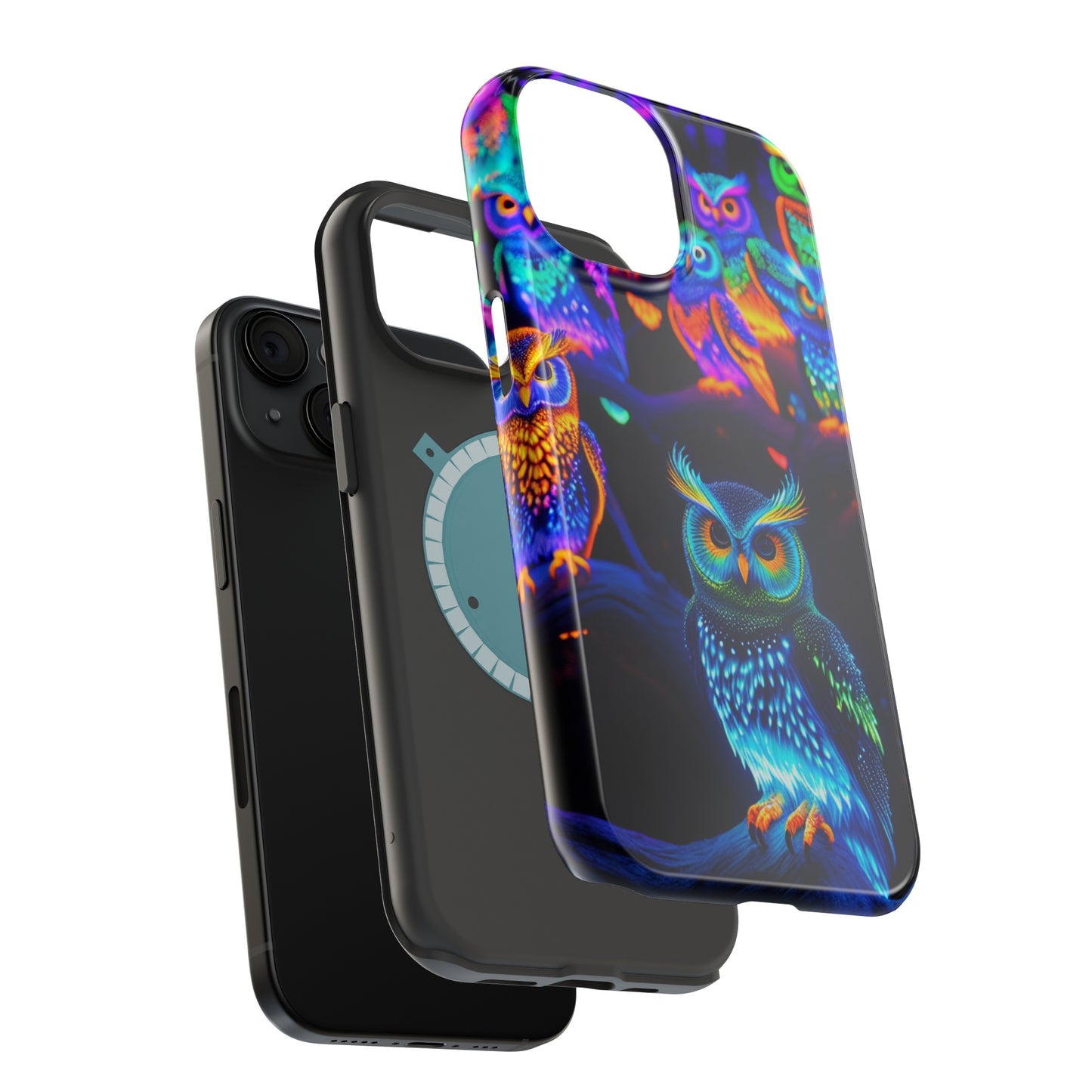 Glowing Neon Clan. Neon Owls Premium Art Magsafe Magnet Tough IPhone 13 14 15 Pro Plus Max and Mini in Matte and Glossy Phone cases