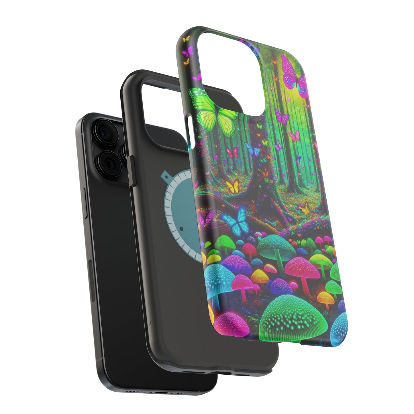 "Neon Garden Symphony". Neon Butterflies and Mushrooms Premium Art Magsafe Magnet Tough IPhone 13 14 15 Pro Plus Max and Mini in Matte and Glossy Phone cases
