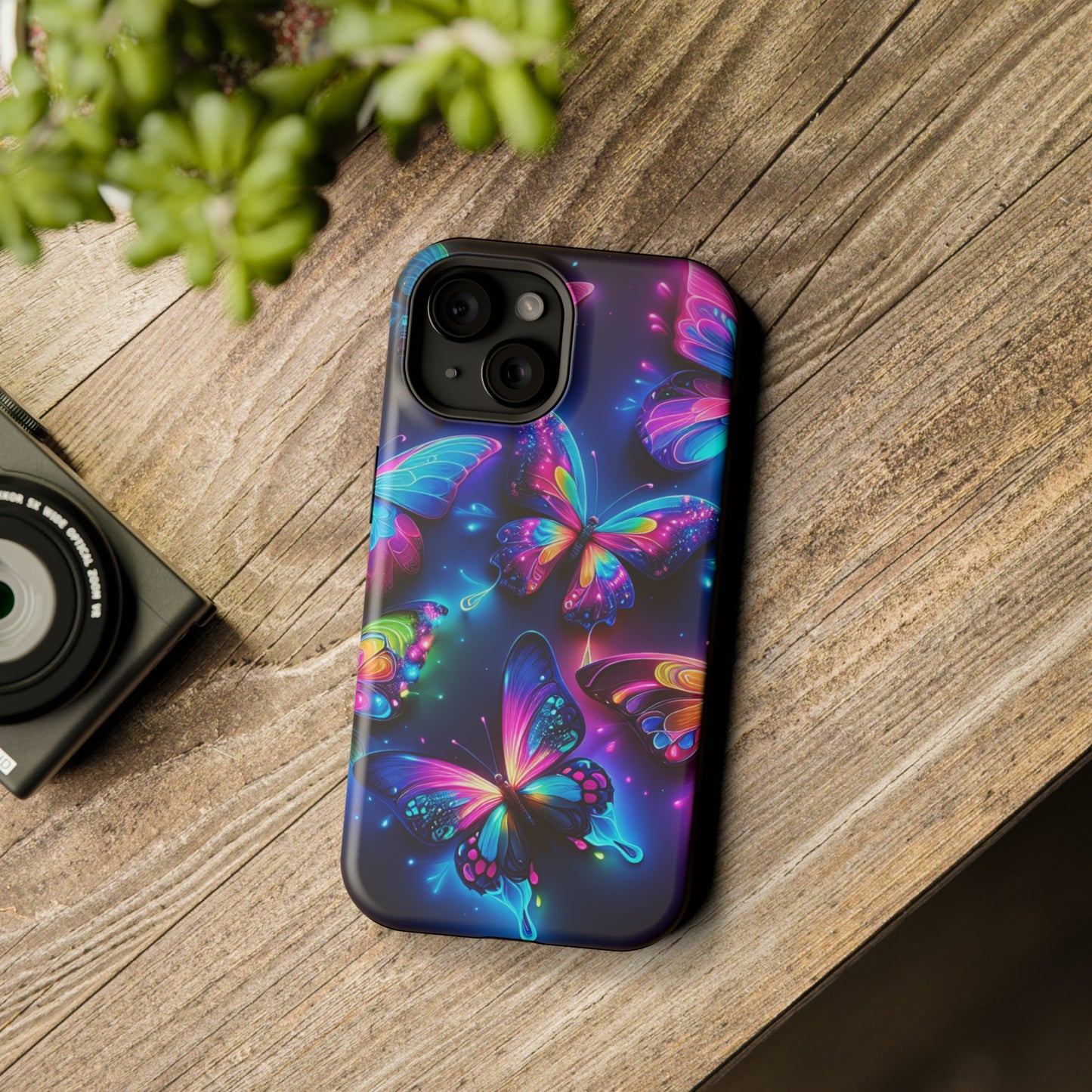 "Neon Butterfly Muster" Neon Butterflies Premium Art Magsafe Magnet Tough IPhone 13 14 15 Pro Plus Max and Mini in Matte and Glossy Phone cases