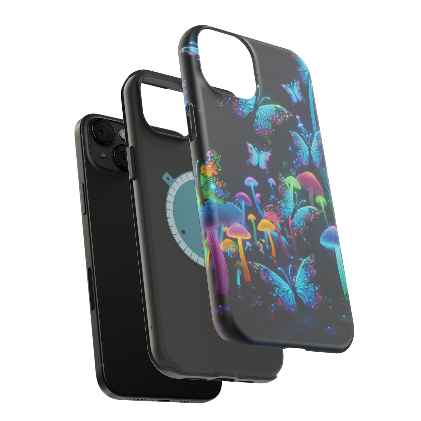 "Neon Dreamscape" Neon Butterflies and Mushrooms Premium Art Magsafe Magnet Tough IPhone 13 14 15 Pro Plus Max and Mini in Matte and Glossy Phone cases