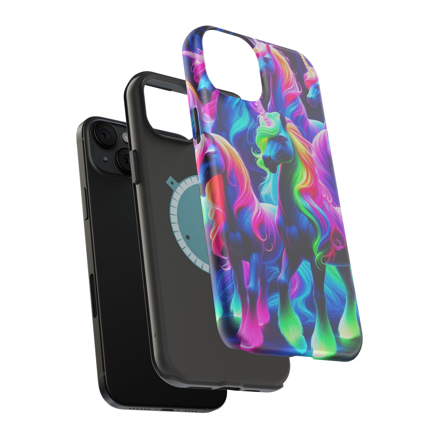 Neon Magic Skies - Unicorn Gang. Neon Unicorns Premium Art Magsafe Magnet Tough IPhone 13 14 15 Pro Plus Max and Mini in Matte and Glossy Phone cases