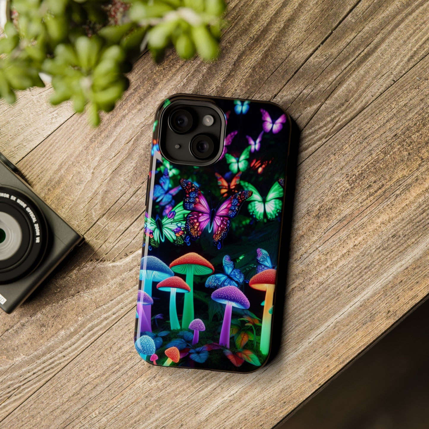 "Neon Burst Wonderland". Neon Butterflies and Mushrooms Premium Art Magsafe Magnet Tough IPhone 13 14 15 Pro Plus Max and Mini in Matte and Glossy Phone cases