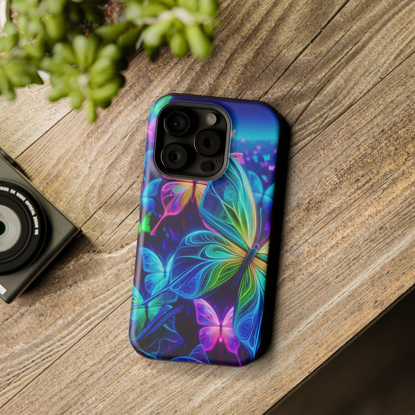 'Serene Spectacle of Neon Butterflies' Neon Butterflies Premium Art Magsafe Magnet Tough IPhone 13 14 15 Pro Plus Max and Mini in Matte and Glossy Phone cases