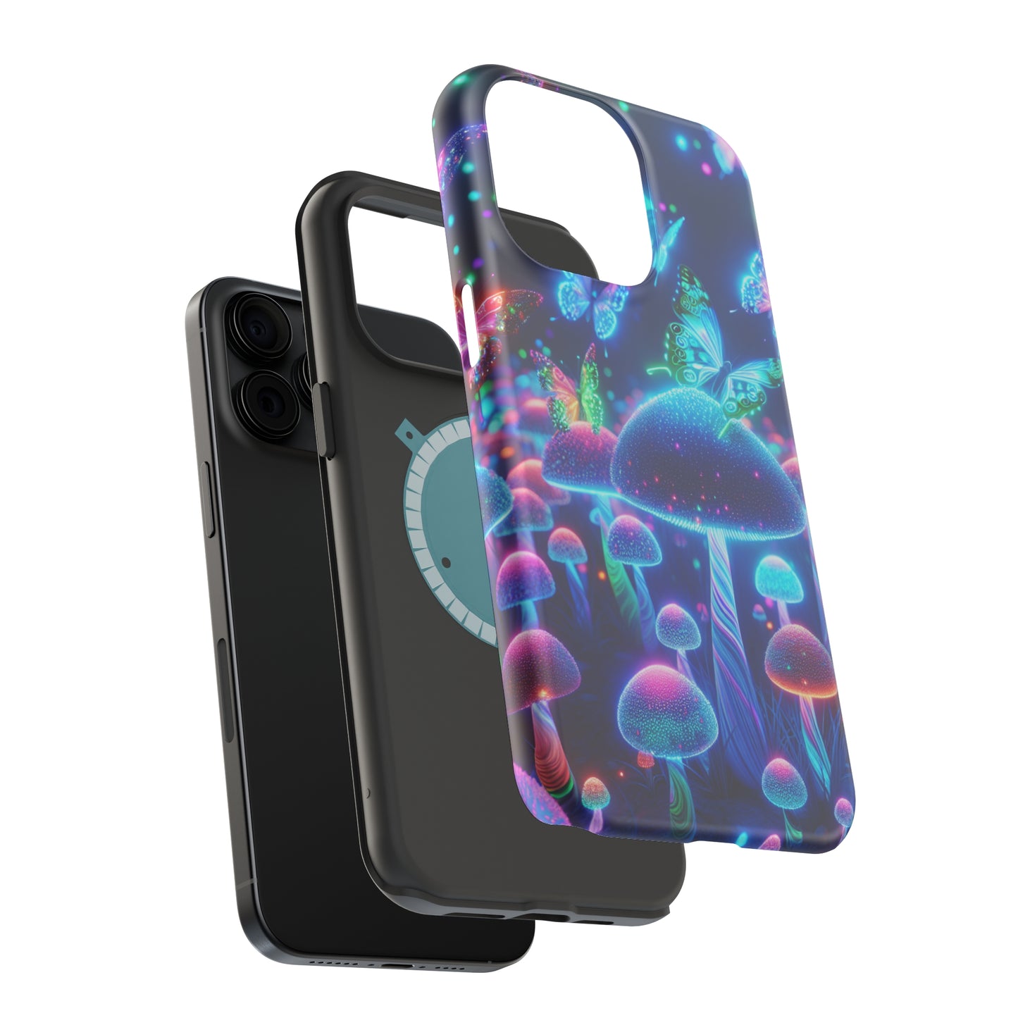 Neon Glitterbug Heaven. Neon Butterflies and Mushrooms Premium Art Magsafe Magnet Tough IPhone 13 14 15 Pro Plus Max and Mini in Matte and Glossy Phone cases