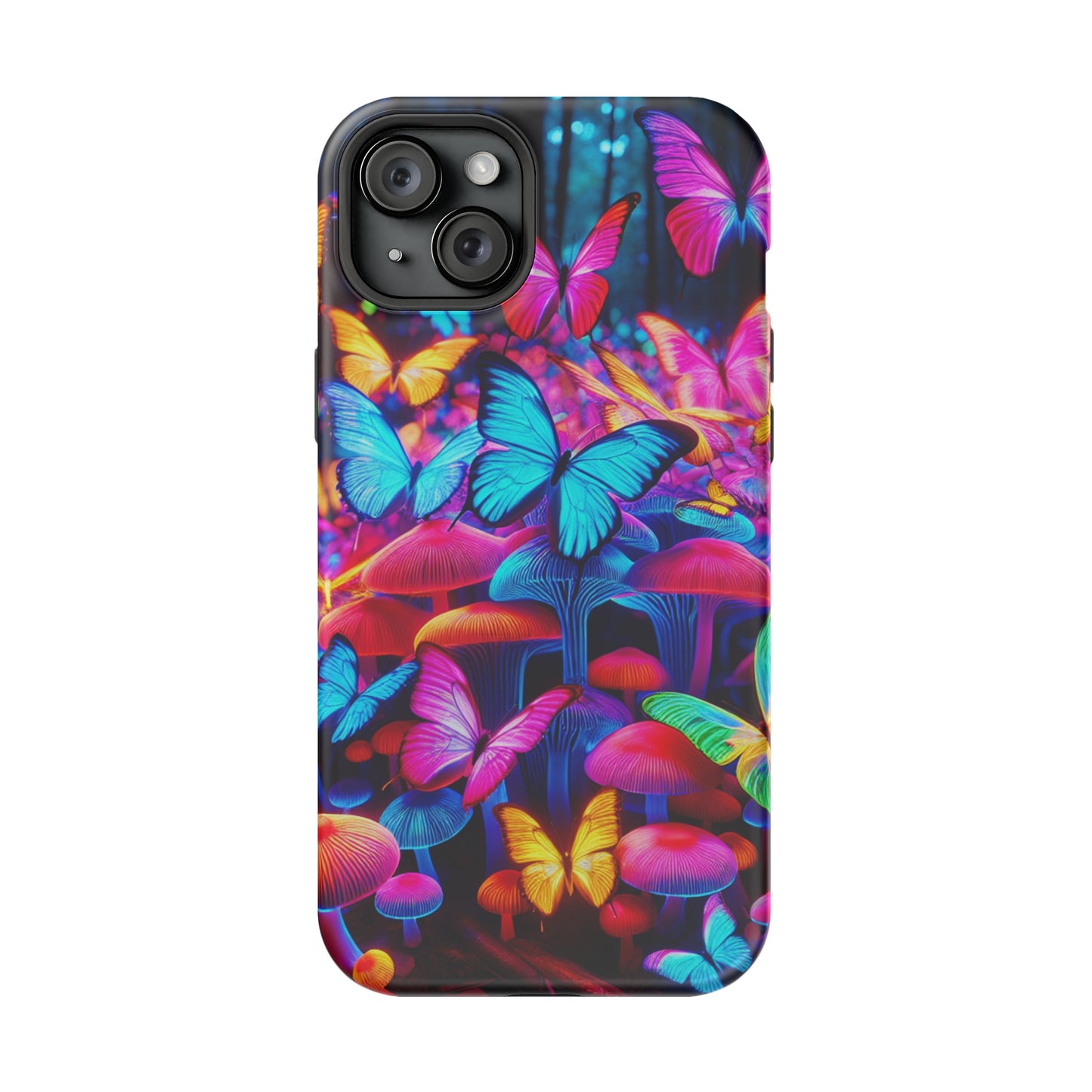 "Neon Tie-Dye Garden" Neon Butterflies and Mushrooms Premium Art Magsafe Magnet Tough IPhone 13 14 15 Pro Plus Max and Mini in Matte and Glossy Phone cases