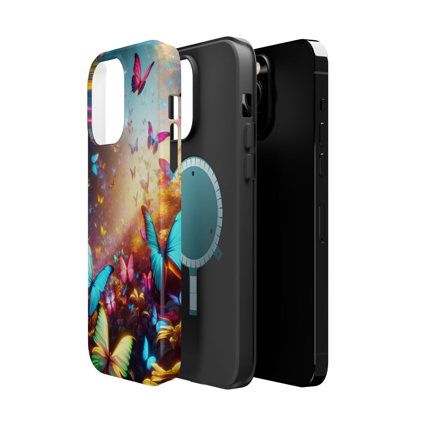 "Neon Butterfly Blooms" Neon Butterflies Premium Art Magsafe Magnet Tough IPhone 13 14 15 Pro Plus Max and Mini in Matte and Glossy Phone cases