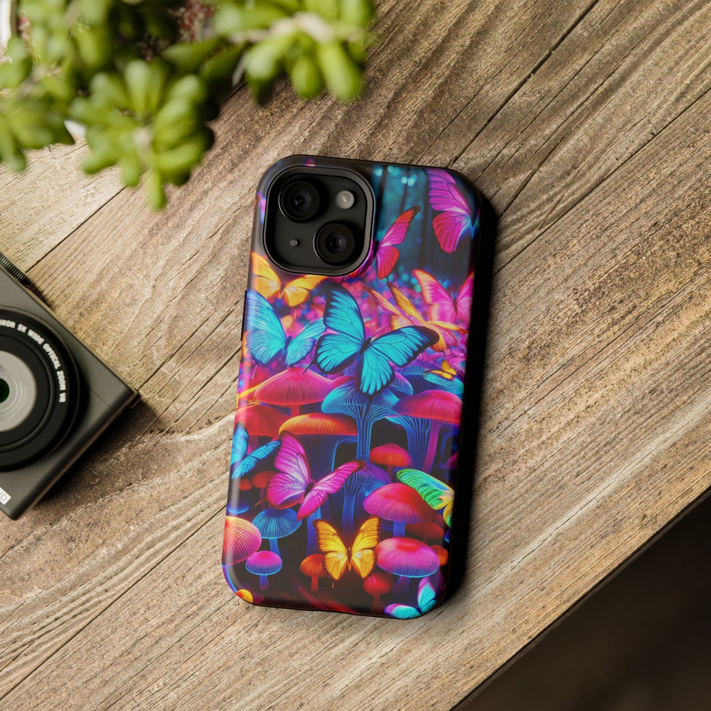 "Neon Tie-Dye Garden" Neon Butterflies and Mushrooms Premium Art Magsafe Magnet Tough IPhone 13 14 15 Pro Plus Max and Mini in Matte and Glossy Phone cases