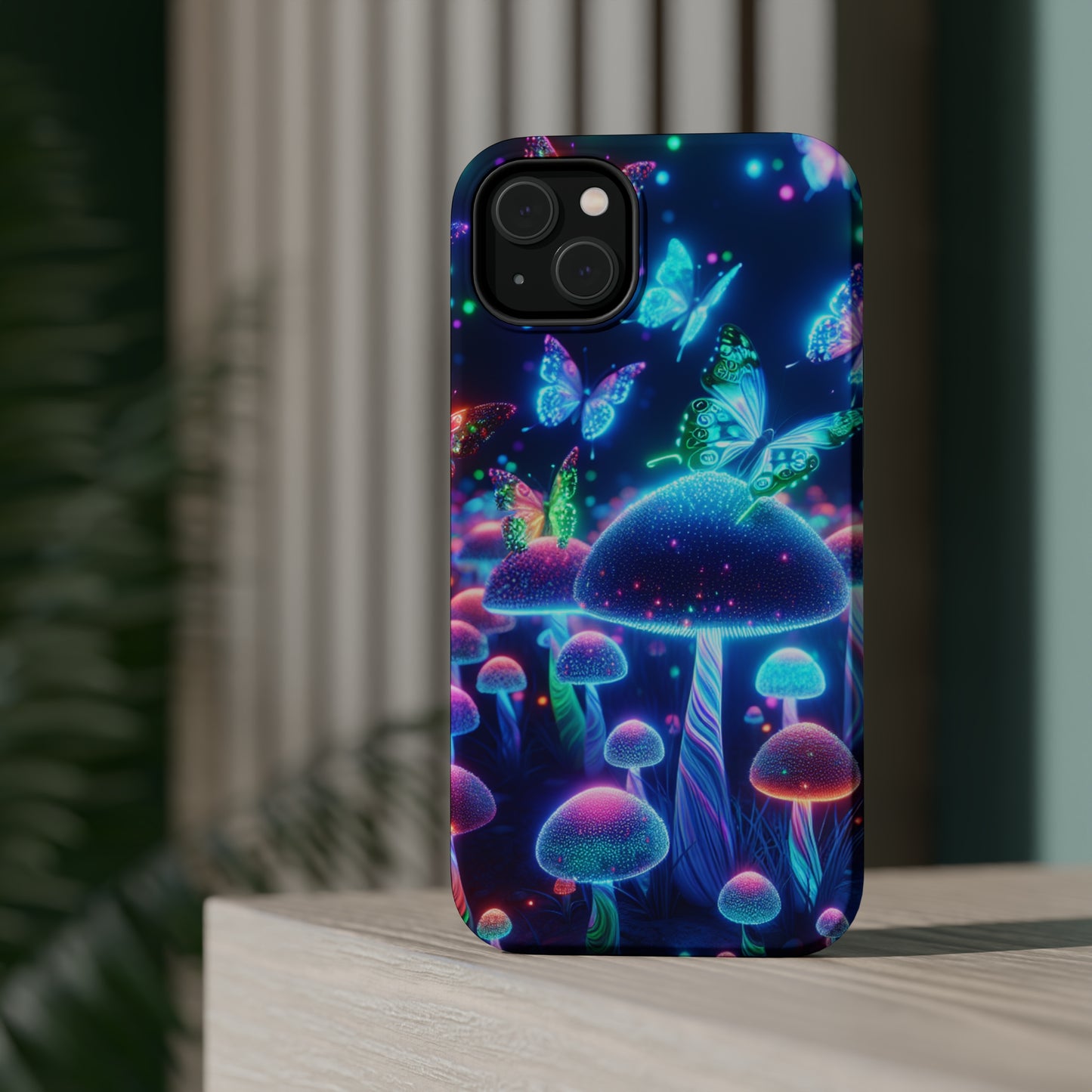 Neon Glitterbug Heaven. Neon Butterflies and Mushrooms Premium Art Magsafe Magnet Tough IPhone 13 14 15 Pro Plus Max and Mini in Matte and Glossy Phone cases
