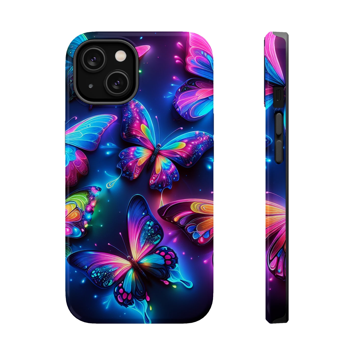 "Neon Butterfly Muster" Neon Butterflies Premium Art Magsafe Magnet Tough IPhone 13 14 15 Pro Plus Max and Mini in Matte and Glossy Phone cases