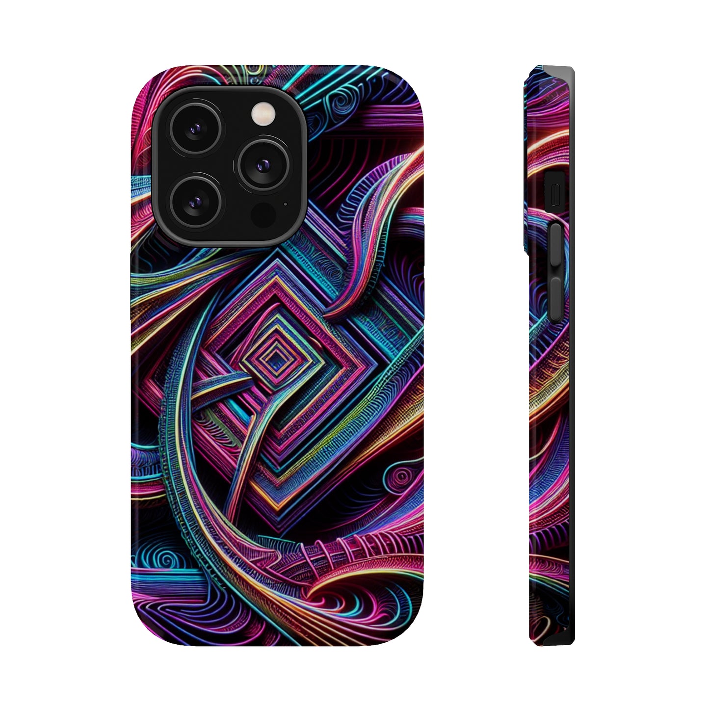 Fluxing Fractalvisage. Neon Trippy Infinity Patterns Premium Art Magsafe Magnet Tough IPhone 13 14 15 Pro Plus Max and Mini in Matte and Glossy Phone cases