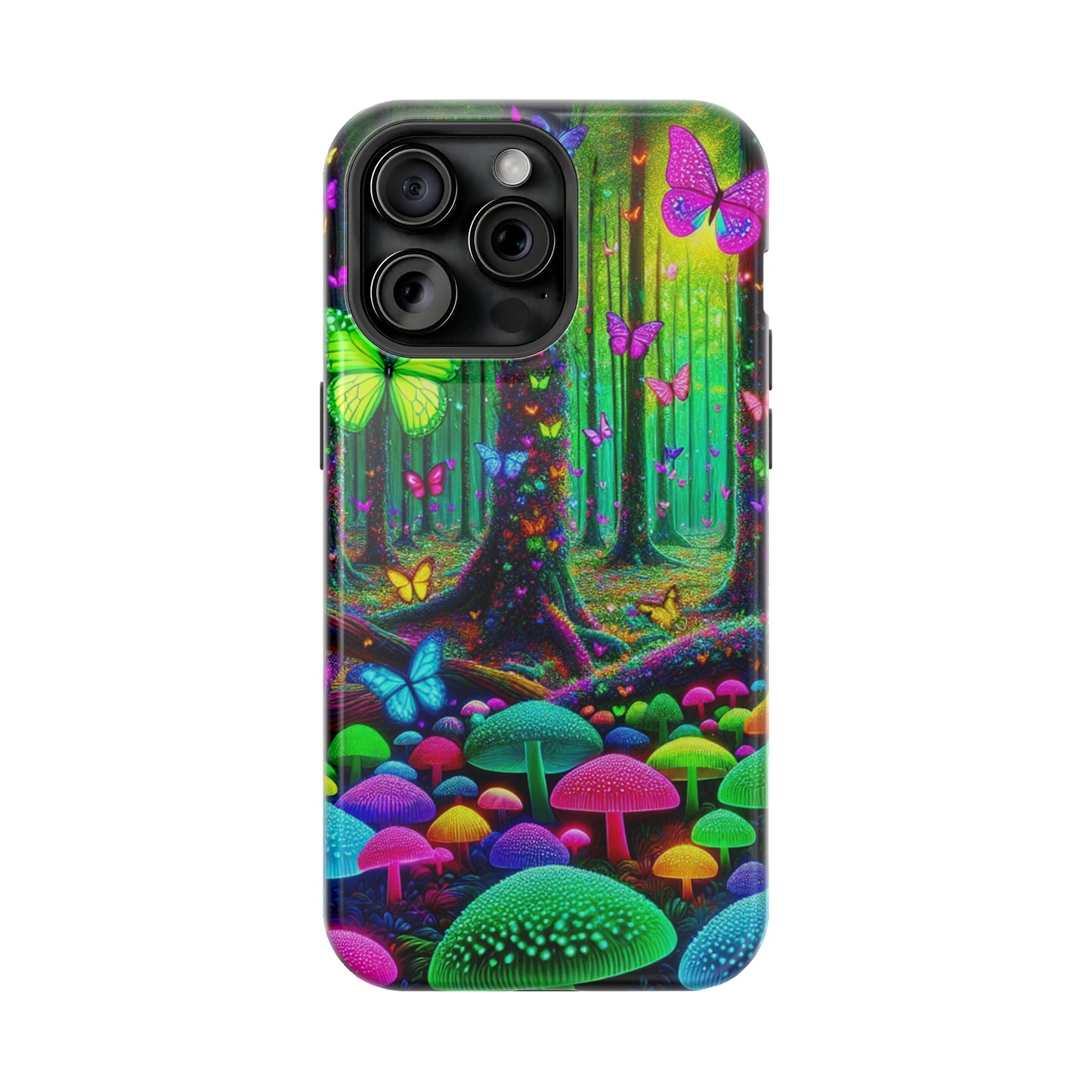 "Neon Garden Symphony". Neon Butterflies and Mushrooms Premium Art Magsafe Magnet Tough IPhone 13 14 15 Pro Plus Max and Mini in Matte and Glossy Phone cases