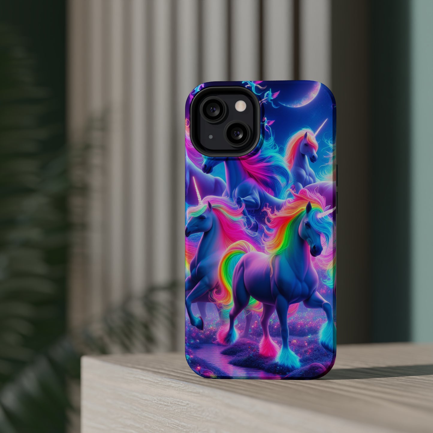 "Unicorn Prism" Neon Unicorns Premium Art Magsafe Magnet Tough IPhone 13 14 15 Pro Plus Max and Mini in Matte and Glossy Phone cases