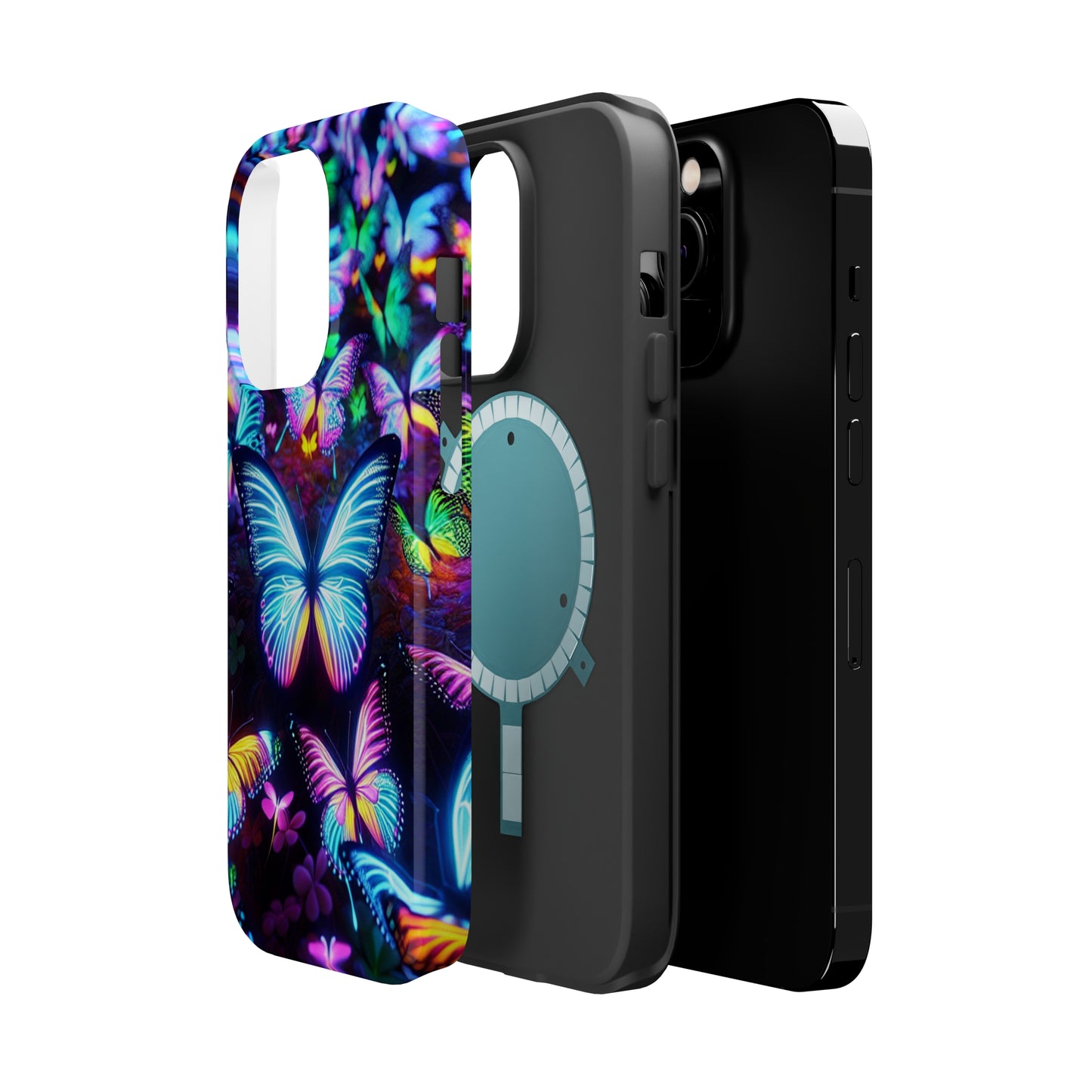 "Neon Butterflies in the Night Sky" Neon Butterflies Premium Art Magsafe Magnet Tough IPhone 13 14 15 Pro Plus Max and Mini in Matte and Glossy Phone cases