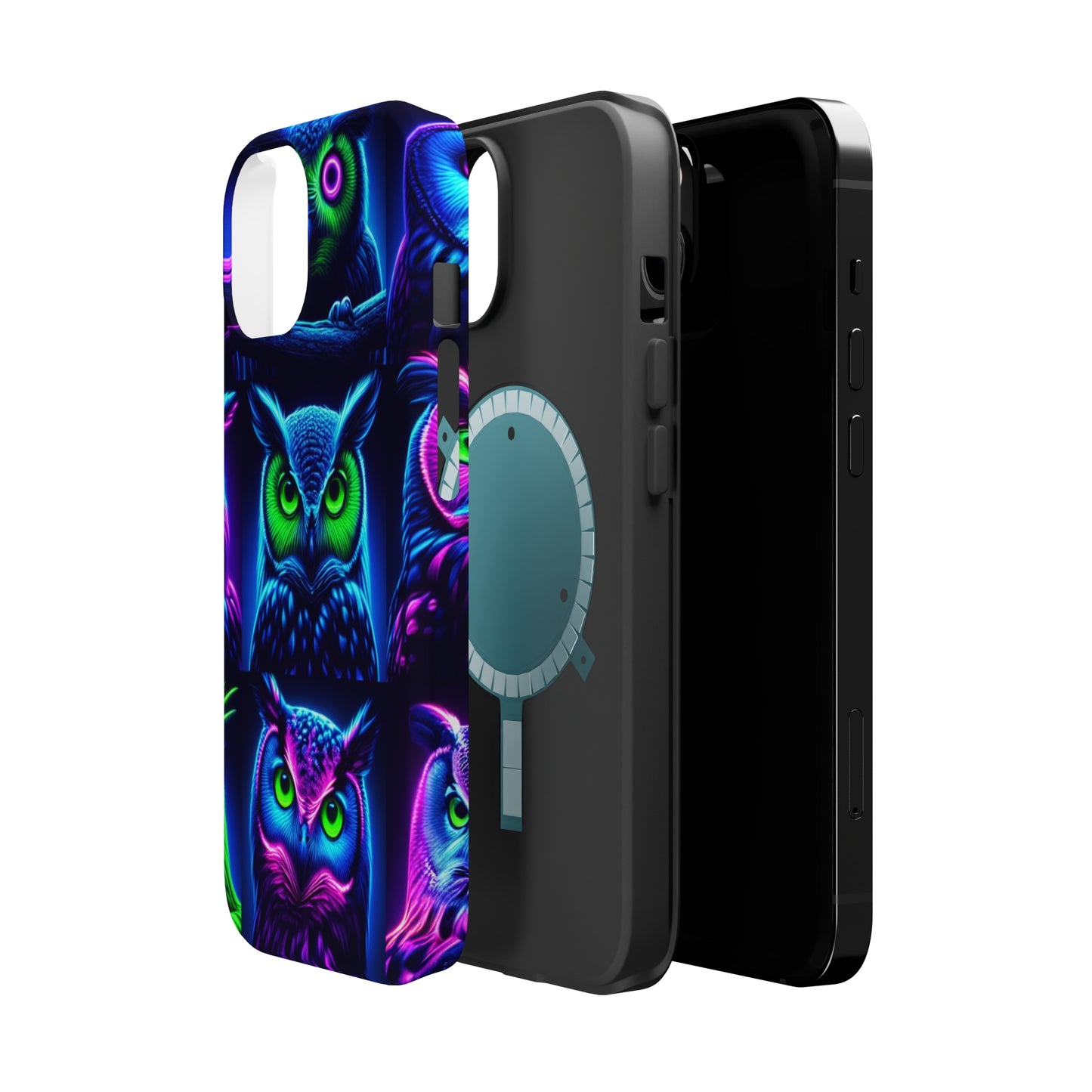 "Neon Nocturne" Neon Owls Premium Art Magsafe Magnet Tough IPhone 13 14 15 Pro Plus Max and Mini in Matte and Glossy Phone cases
