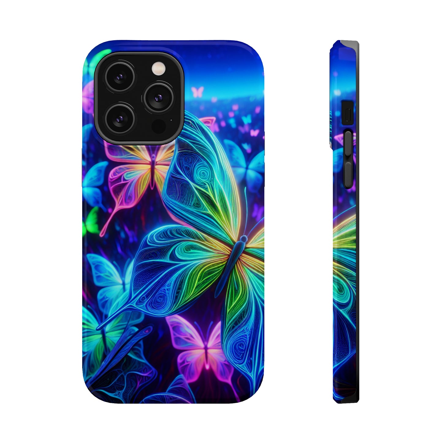 'Serene Spectacle of Neon Butterflies' Neon Butterflies Premium Art Magsafe Magnet Tough IPhone 13 14 15 Pro Plus Max and Mini in Matte and Glossy Phone cases
