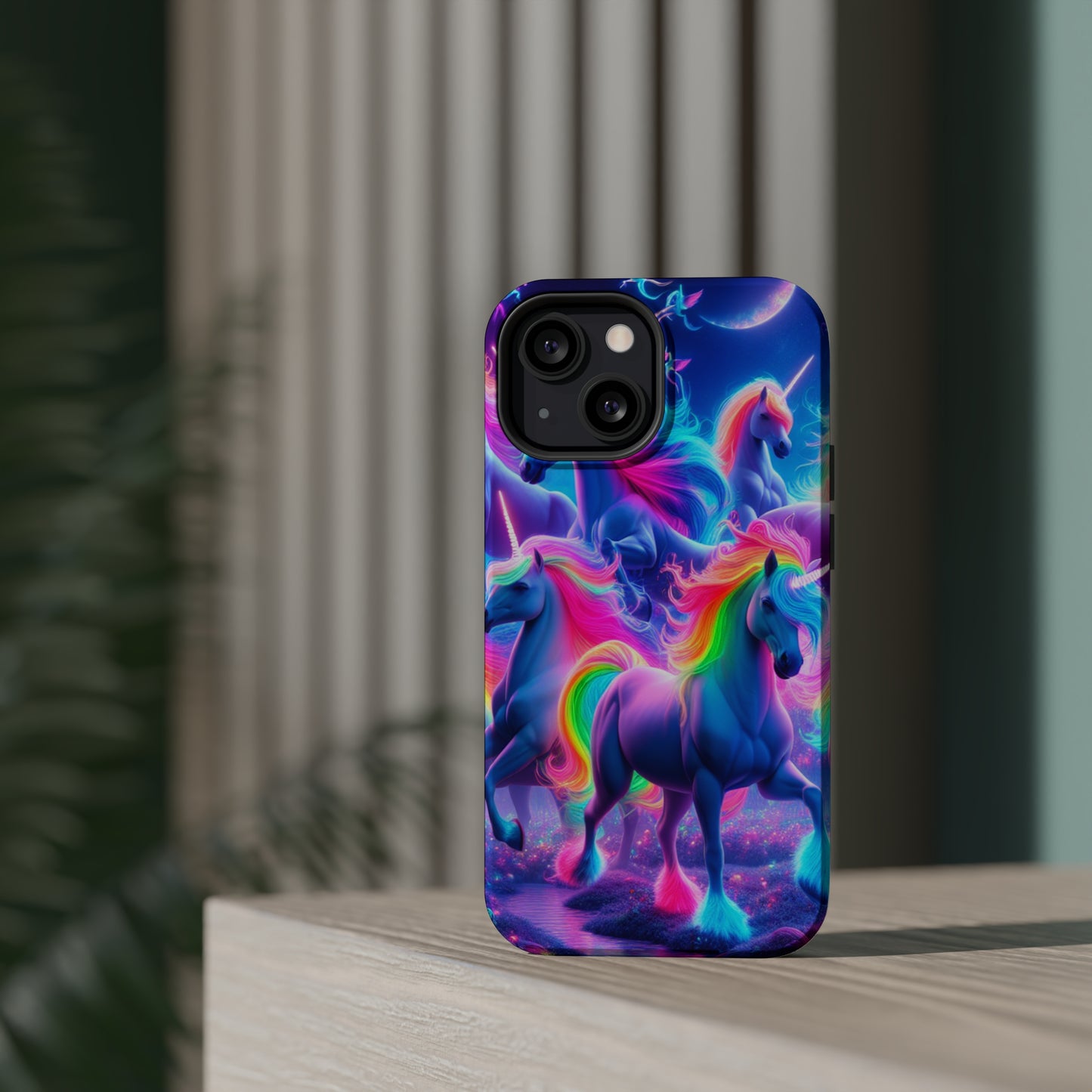 "Unicorn Prism" Neon Unicorns Premium Art Magsafe Magnet Tough IPhone 13 14 15 Pro Plus Max and Mini in Matte and Glossy Phone cases