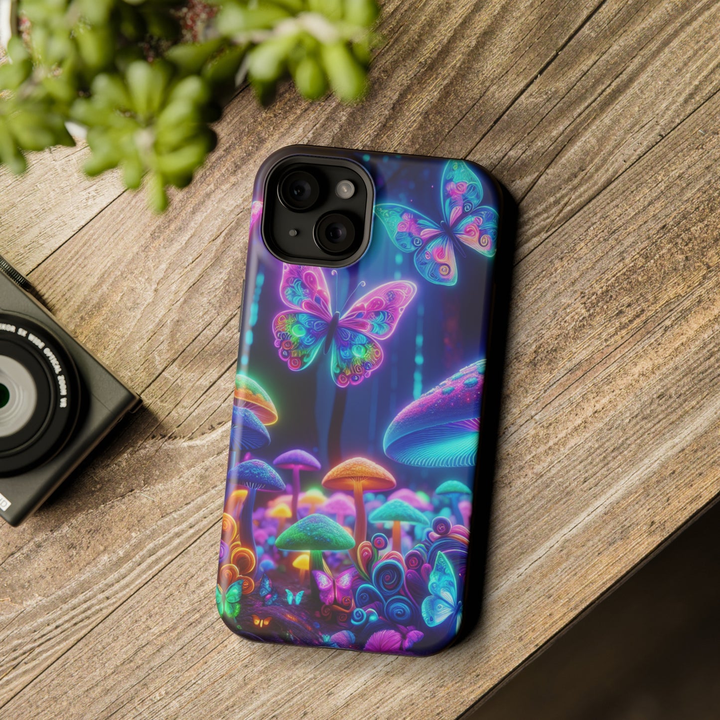 Neon Ecstasy. Neon Butterflies and Mushrooms Premium Art Magsafe Magnet Tough IPhone 13 14 15 Pro Plus Max and Mini in Matte and Glossy Phone cases