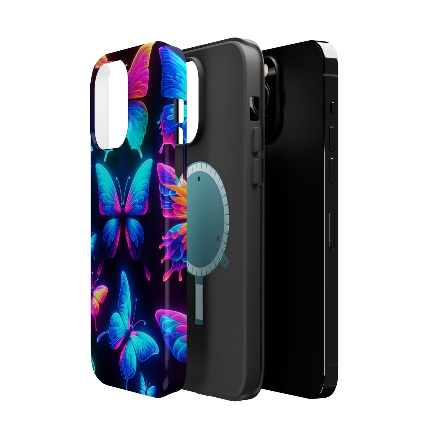 "Neon Flight Frenzy" Neon Butterflies Premium Art Magsafe Magnet Tough IPhone 13 14 15 Pro Plus Max and Mini in Matte and Glossy Phone cases