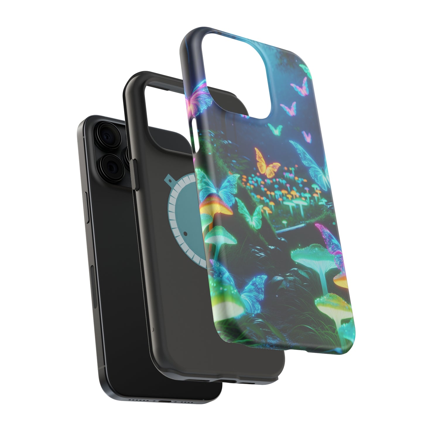 "Neon Meadow" Neon Butterflies and Mushrooms Premium Art Magsafe Magnet Tough IPhone 13 14 15 Pro Plus Max and Mini in Matte and Glossy Phone cases