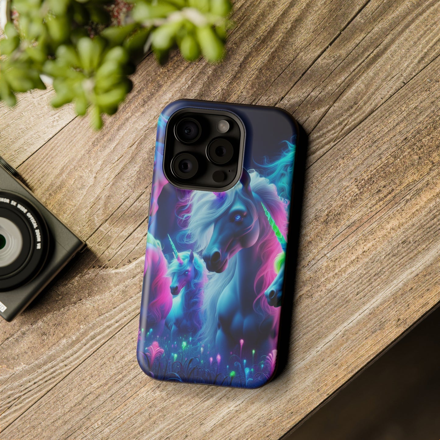 "Unicorn Flux-scape" Neon Unicorns Premium Art Magsafe Magnet Tough IPhone 13 14 15 Pro Plus Max and Mini in Matte and Glossy Phone cases