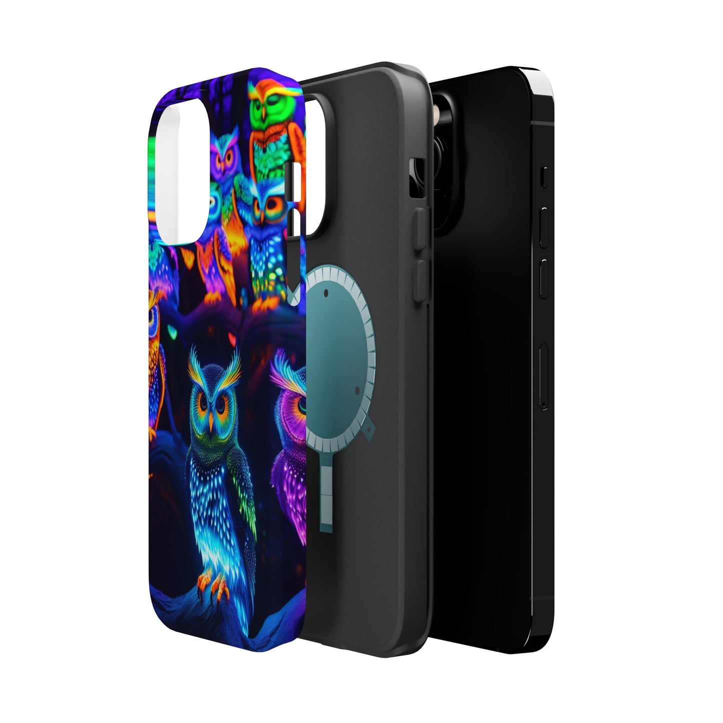 Glowing Neon Clan. Neon Owls Premium Art Magsafe Magnet Tough IPhone 13 14 15 Pro Plus Max and Mini in Matte and Glossy Phone cases