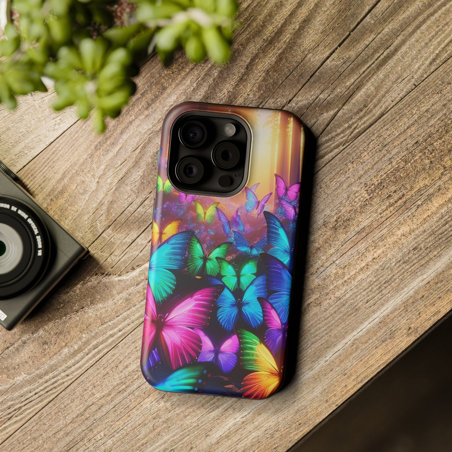 "Radiant Glowing Flight" Neon Butterflies Premium Art Magsafe Magnet Tough IPhone 13 14 15 Pro Plus Max and Mini in Matte and Glossy Phone cases