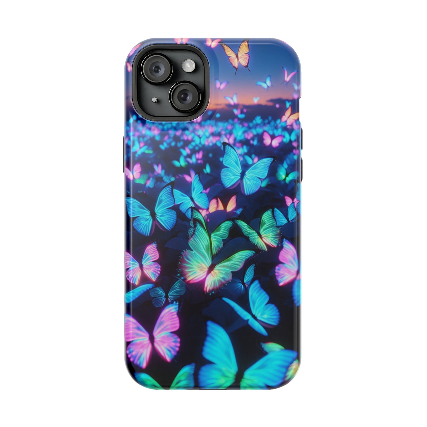 "Fantasia of Neon Butterflies" Neon Butterflies Premium Art Magsafe Magnet Tough IPhone 13 14 15 Pro Plus Max and Mini in Matte and Glossy Phone cases