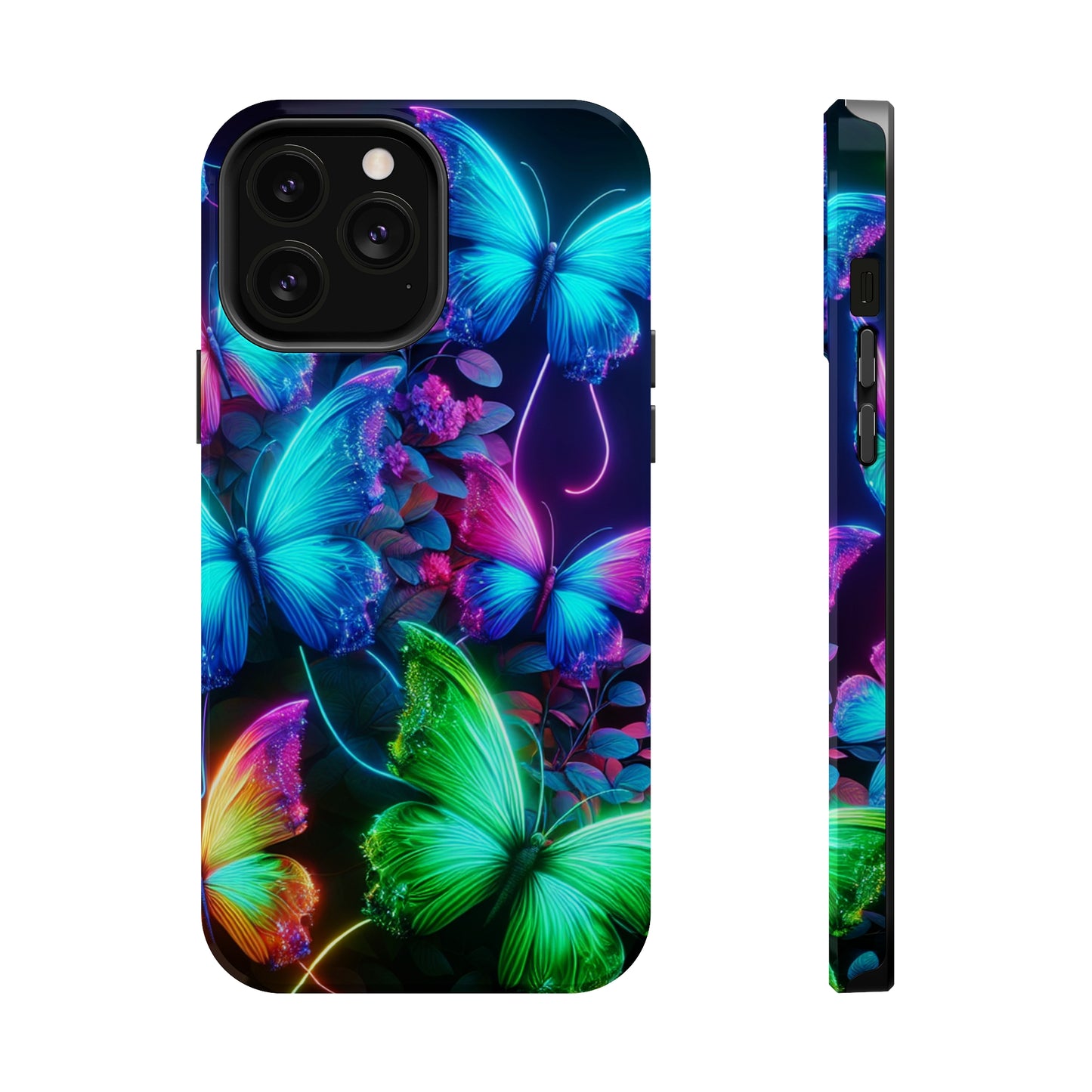 Neon Flutter Symphony Neon Butterflies Premium Art Magsafe Magnet Tough IPhone 13 14 15 Pro Plus Max and Mini in Matte and Glossy Phone cases