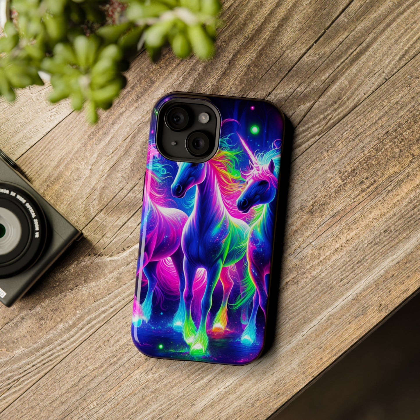 "Uni-Neon Fantasy" Neon Unicorns Premium Art Magsafe Magnet Tough IPhone 13 14 15 Pro Plus Max and Mini in Matte and Glossy Phone cases