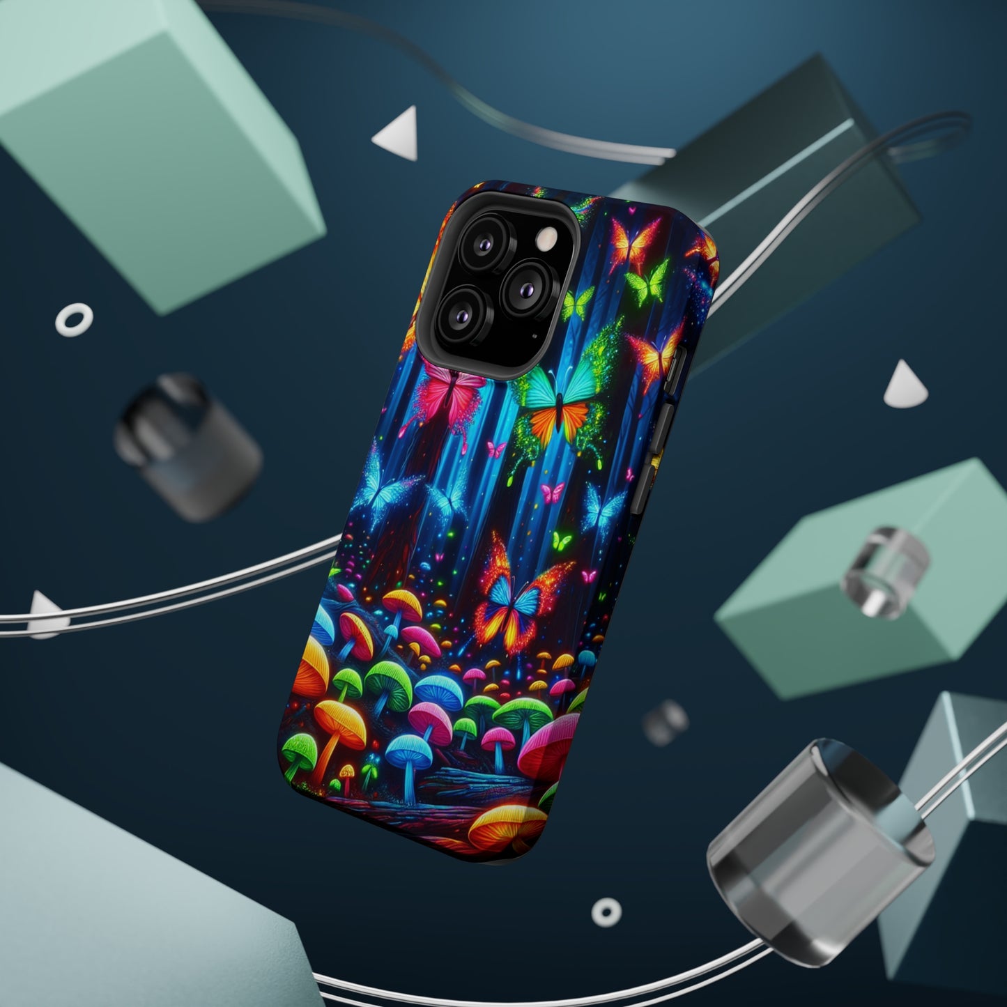 Neon Fantasia. Neon Butterflies and Mushrooms Premium Art Magsafe Magnet Tough IPhone 13 14 15 Pro Plus Max and Mini in Matte and Glossy Phone cases