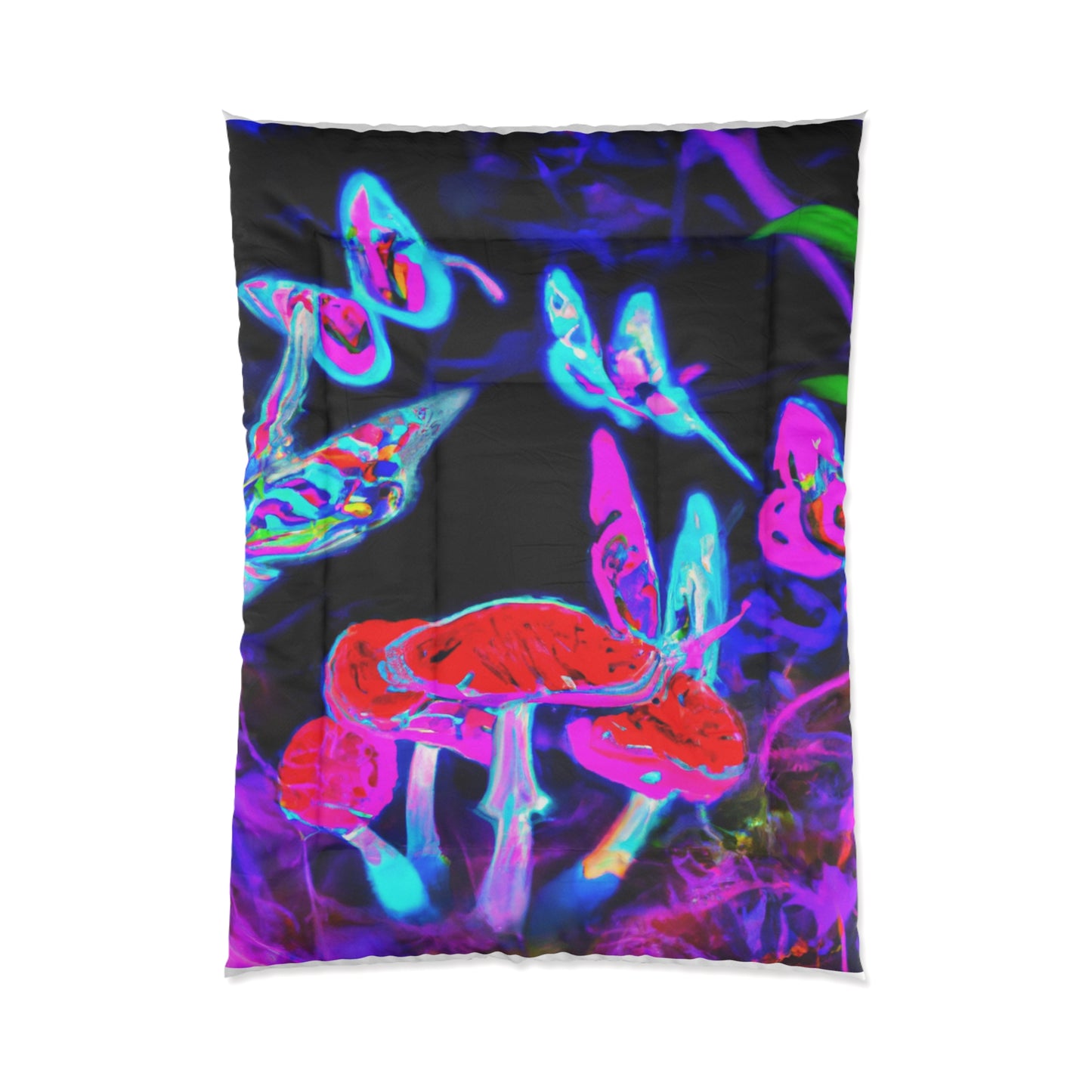 Vivid Neon Dreamscape. Butterflies & Mushrooms Comforter Blanket