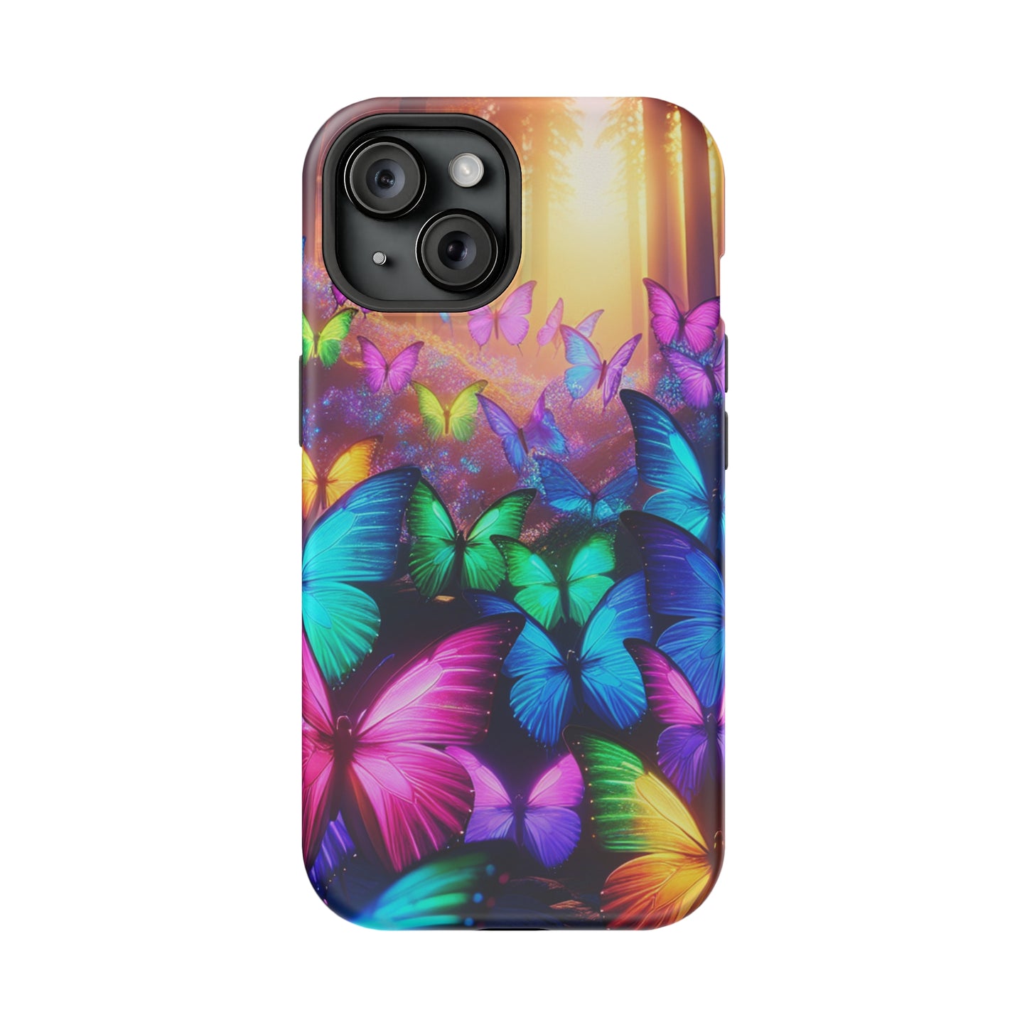 "Radiant Glowing Flight" Neon Butterflies Premium Art Magsafe Magnet Tough IPhone 13 14 15 Pro Plus Max and Mini in Matte and Glossy Phone cases