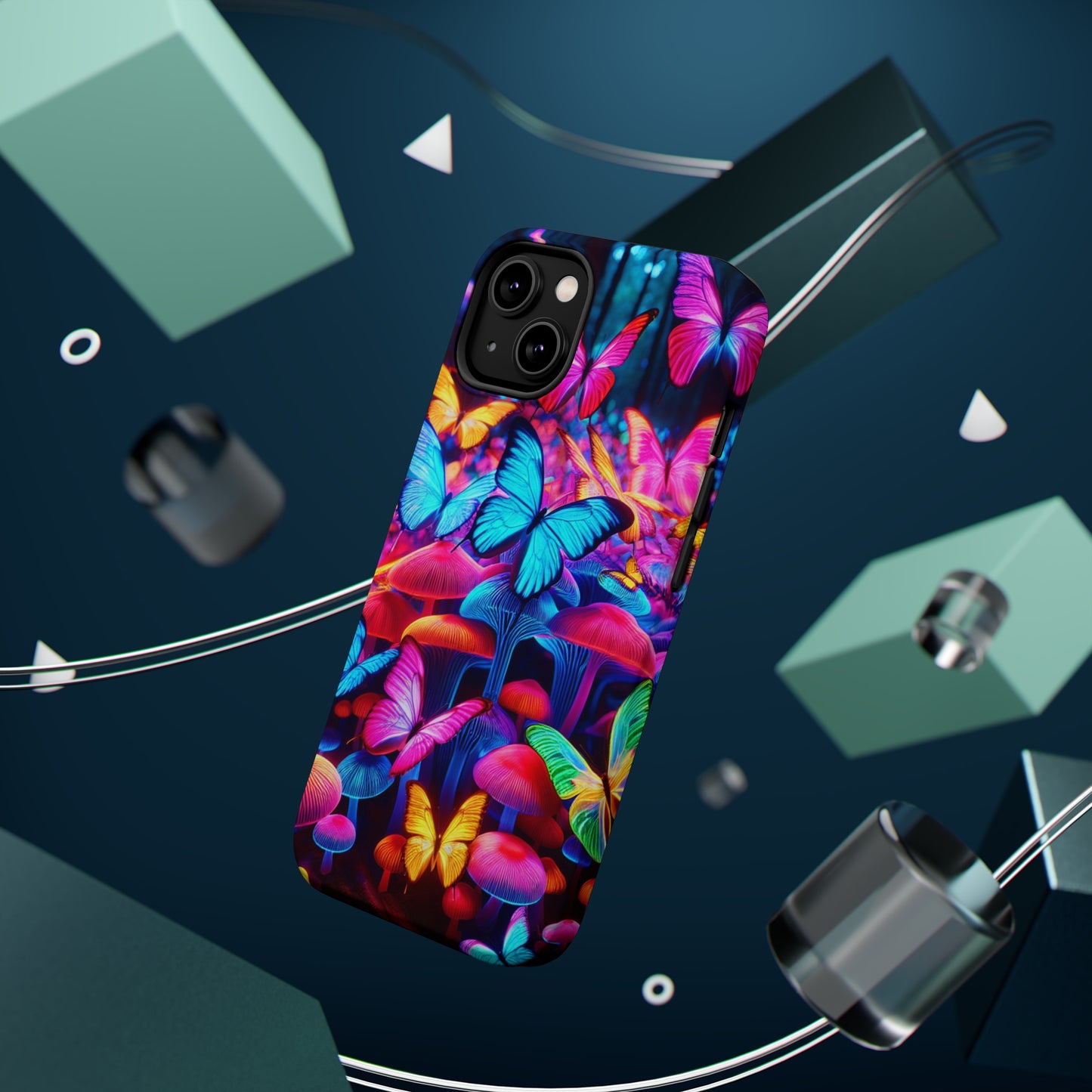 "Neon Tie-Dye Garden" Neon Butterflies and Mushrooms Premium Art Magsafe Magnet Tough IPhone 13 14 15 Pro Plus Max and Mini in Matte and Glossy Phone cases