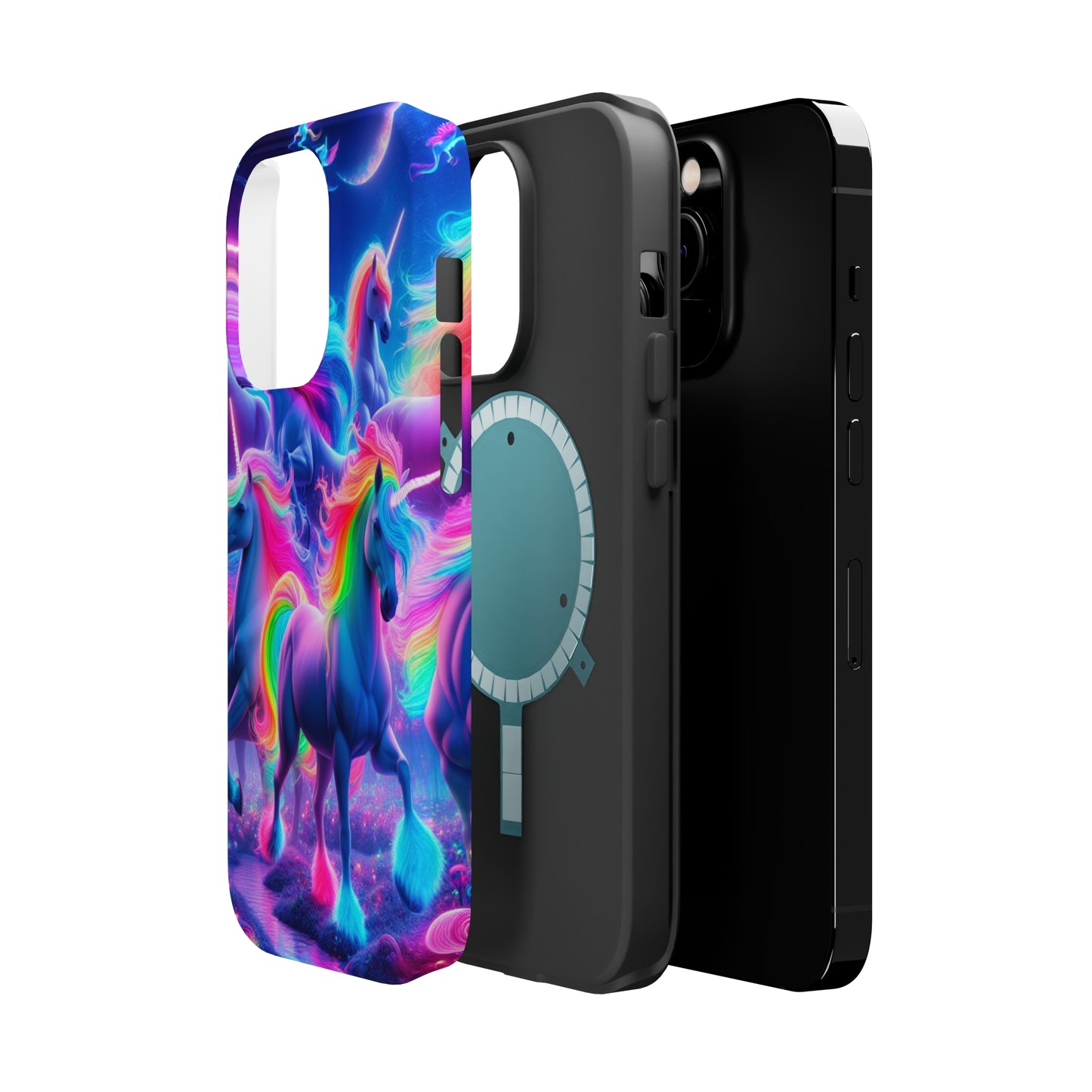 "Unicorn Prism" Neon Unicorns Premium Art Magsafe Magnet Tough IPhone 13 14 15 Pro Plus Max and Mini in Matte and Glossy Phone cases