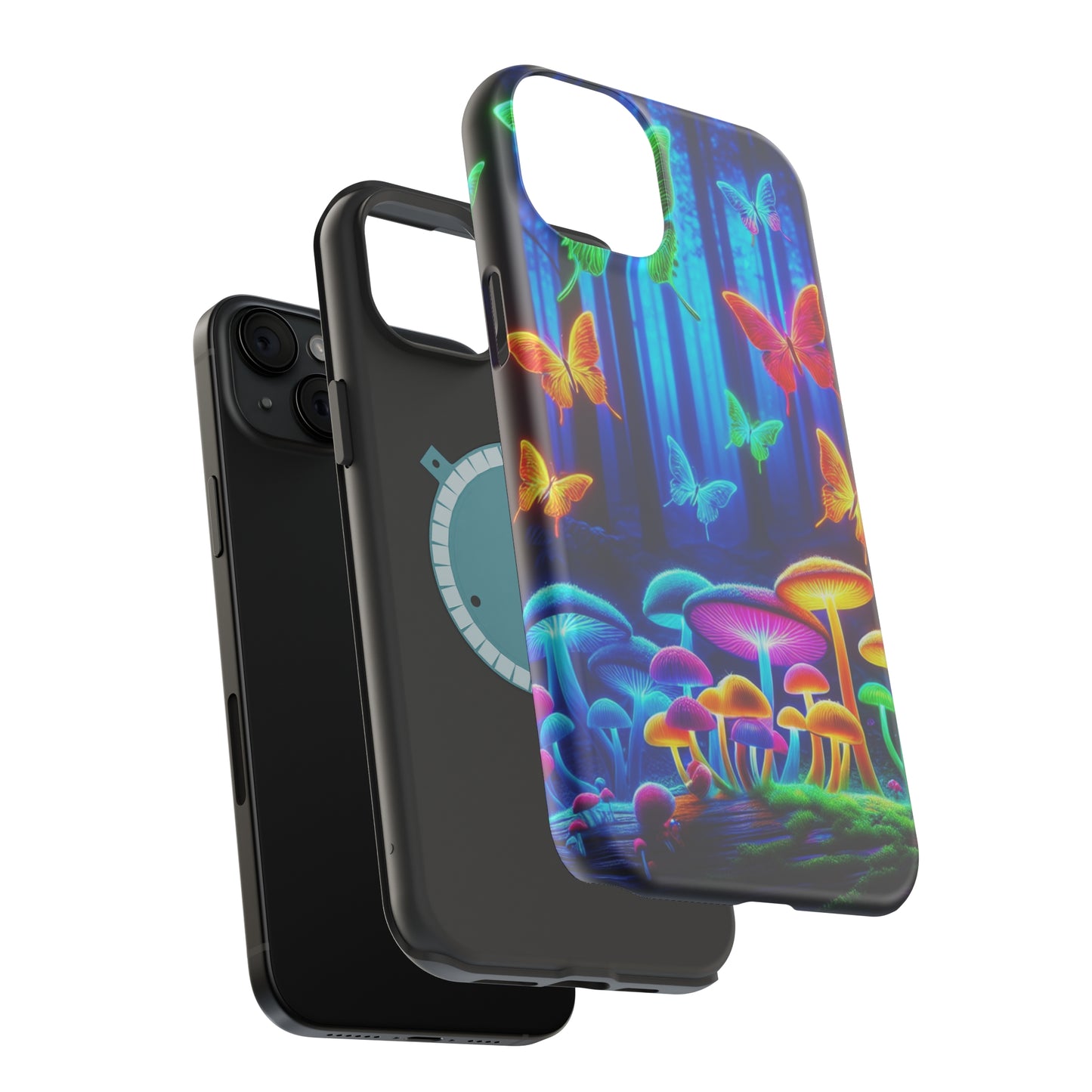 "Neon Garden Delight" Neon Butterflies and Mushrooms Premium Art Magsafe Magnet Tough IPhone 13 14 15 Pro Plus Max and Mini in Matte and Glossy Phone cases